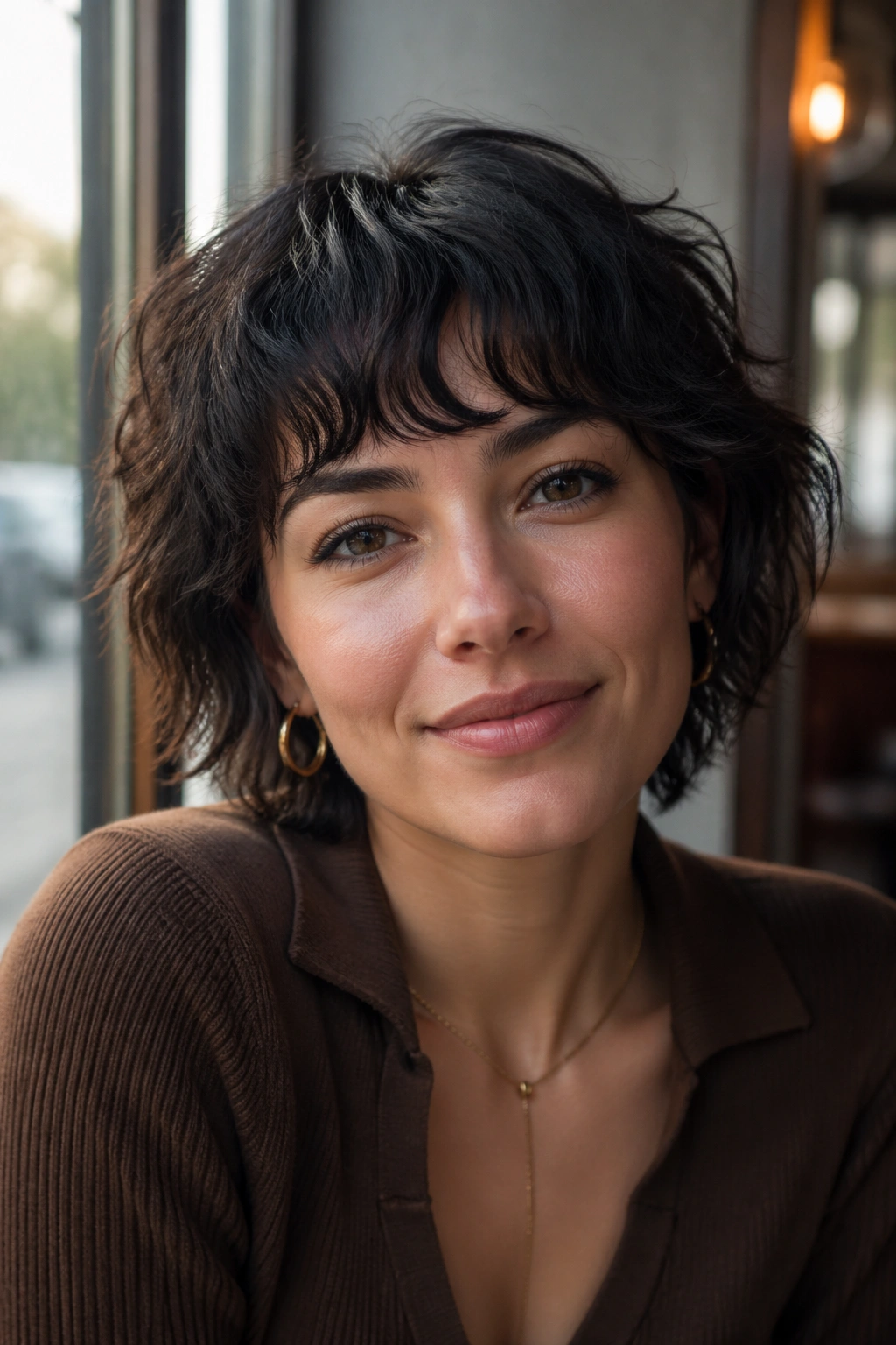 Portrait of person with crescent bangs and short shag in daylight cafe setting