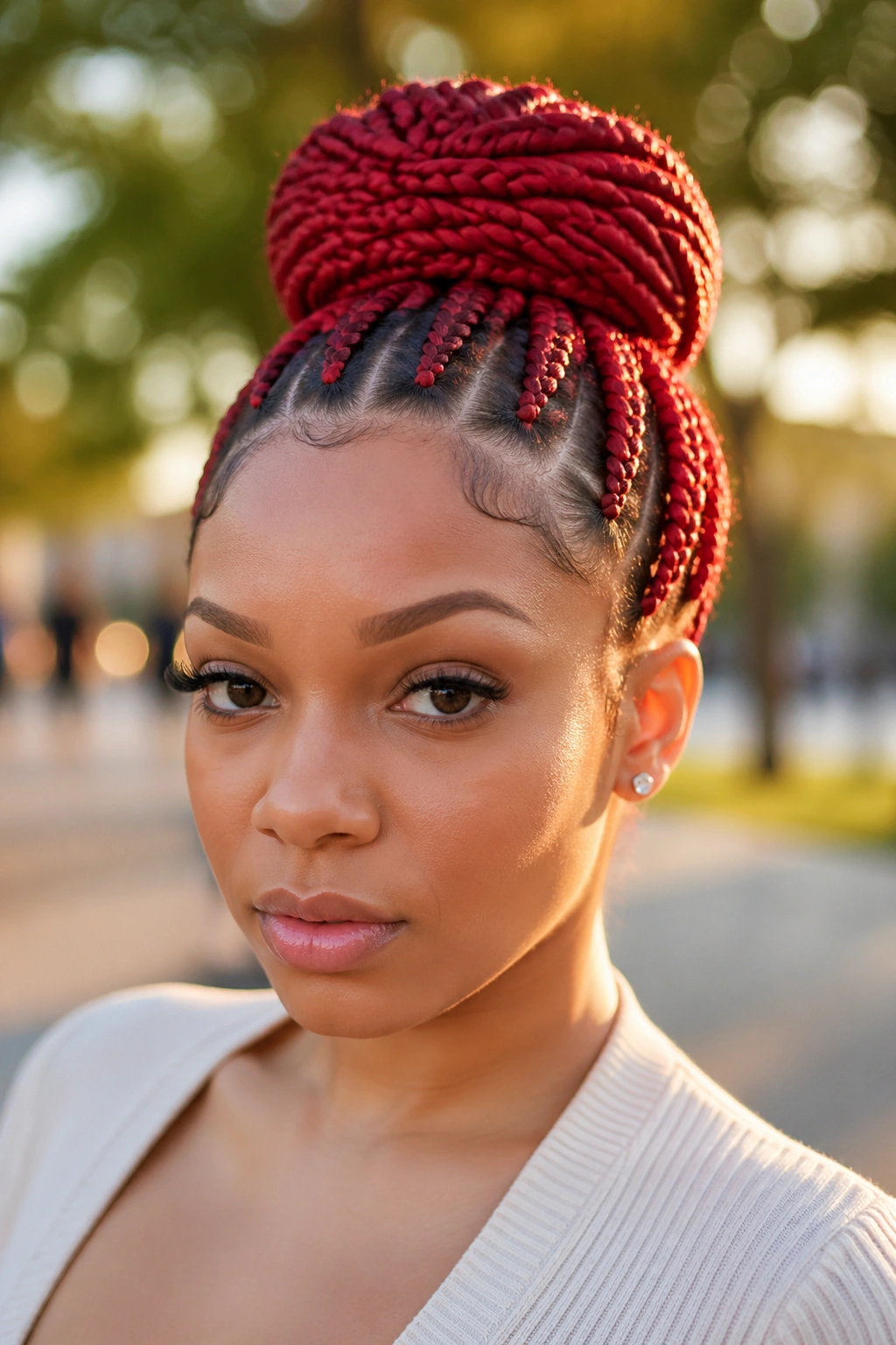 Crimson stitch cornrows forming halo bun on a real woman