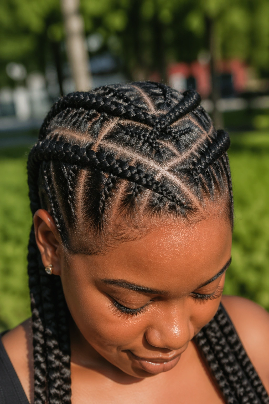 Real person with criss-cross cornrows on the crown in an outdoor park