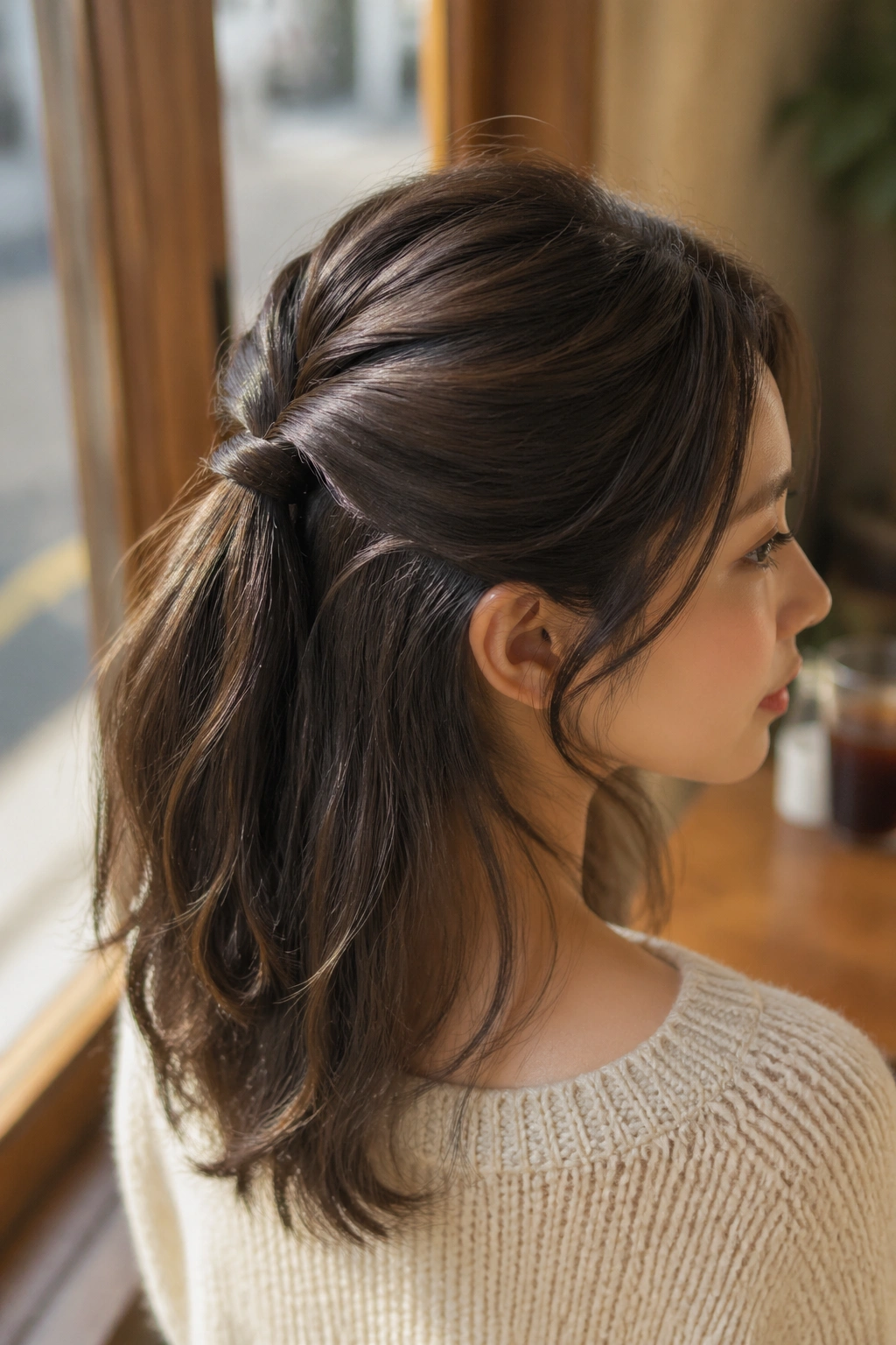 Close-up of a real woman with a crisscross half ponytail in a warm cafe setting