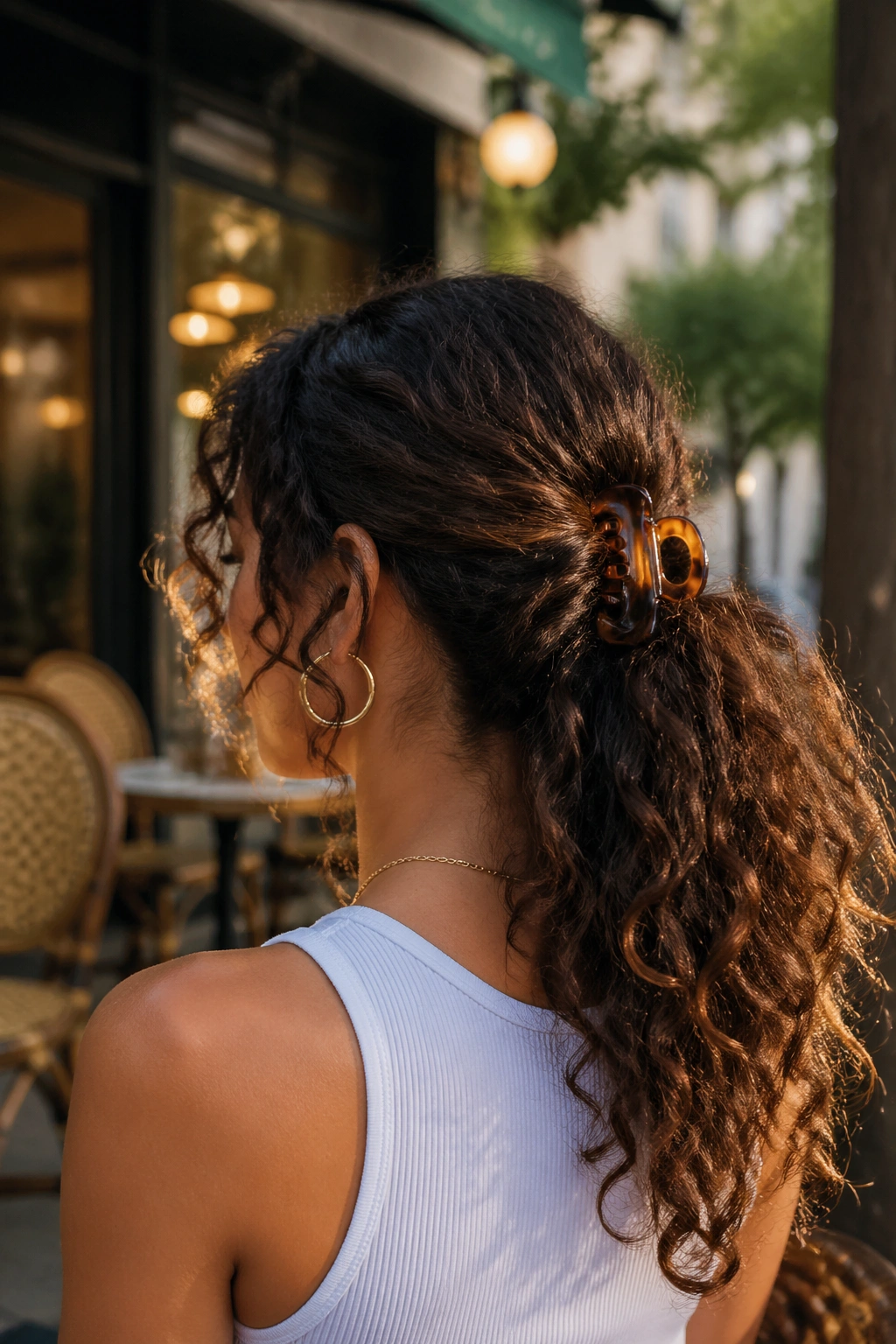 Portrait of a real woman with crisscross twist claw clip ponytail
