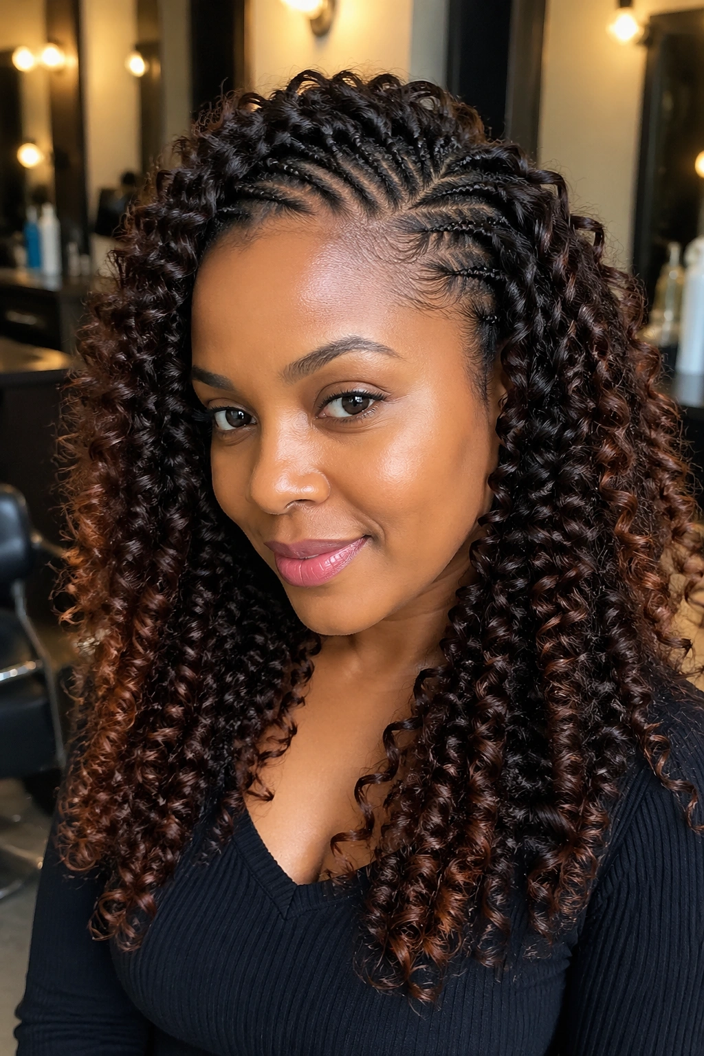 Close-up portrait of a real woman wearing crochet braids with curly extensions