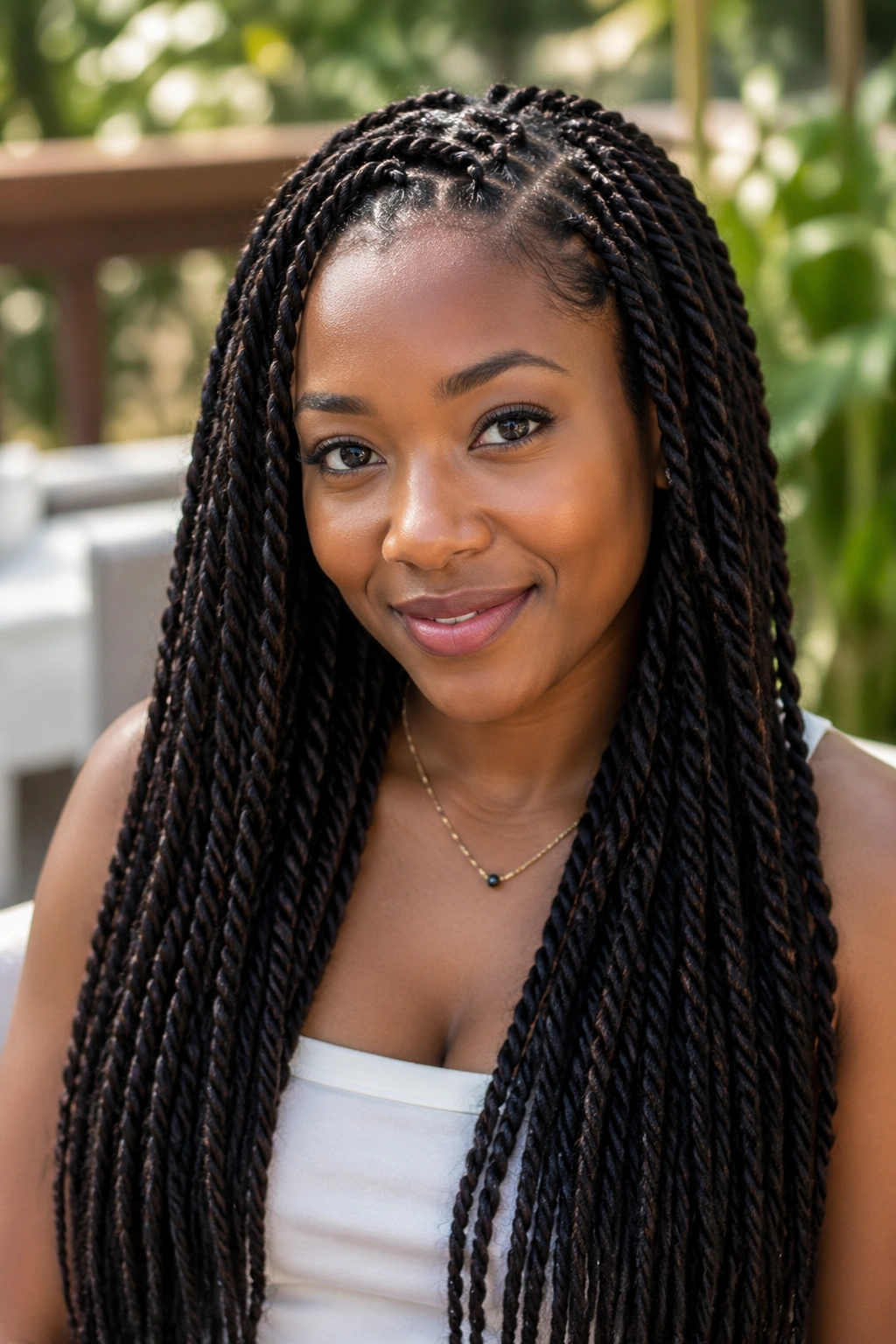 Real woman wearing crochet twists hairstyle in outdoor light.