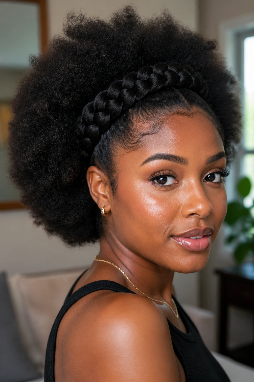 Close-up of a real woman with crown braid over an Afro base