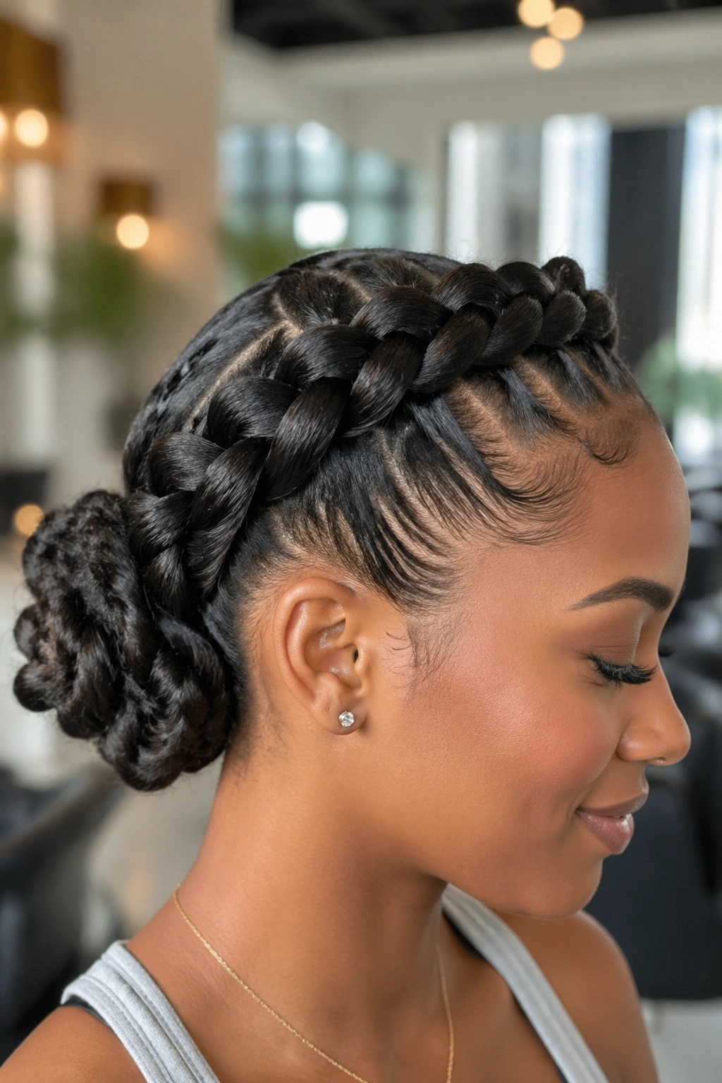 Close-up of a woman with a crown braid halo and off-center bun