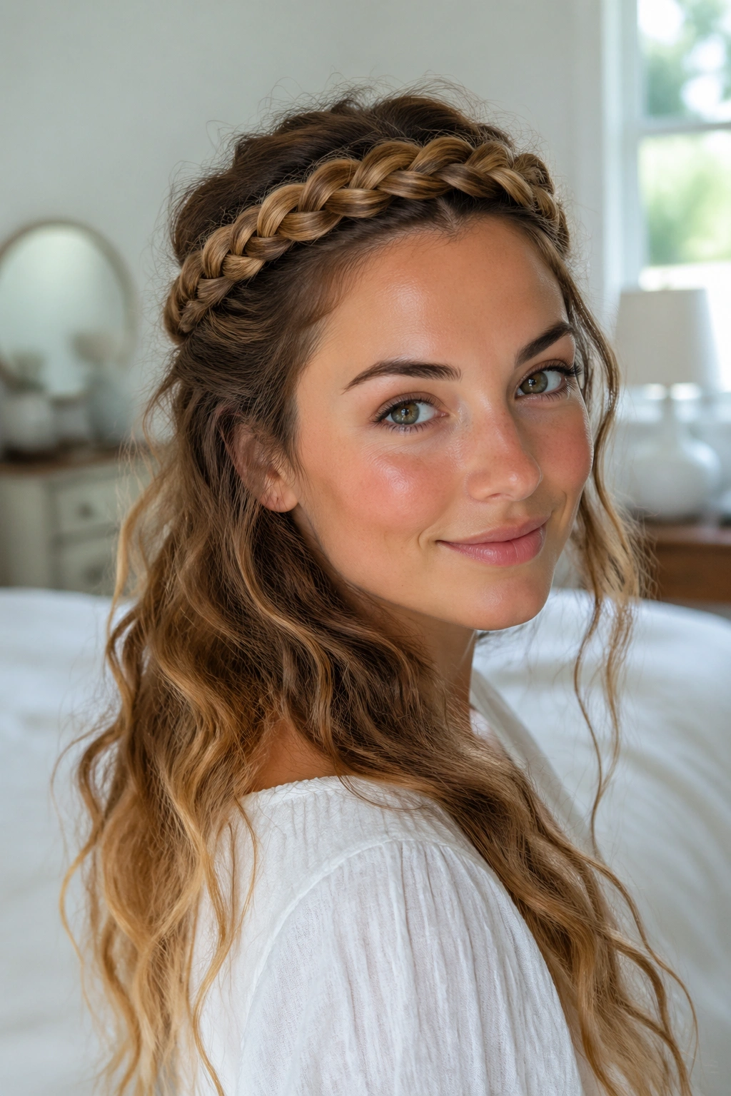 Real woman with a crown braid headband and waves at the back