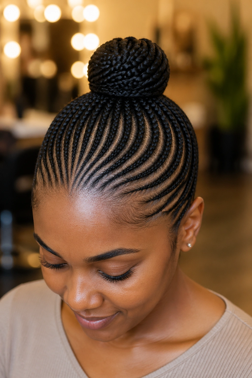 Real person with a crown bun created from small feed-in cornrows.