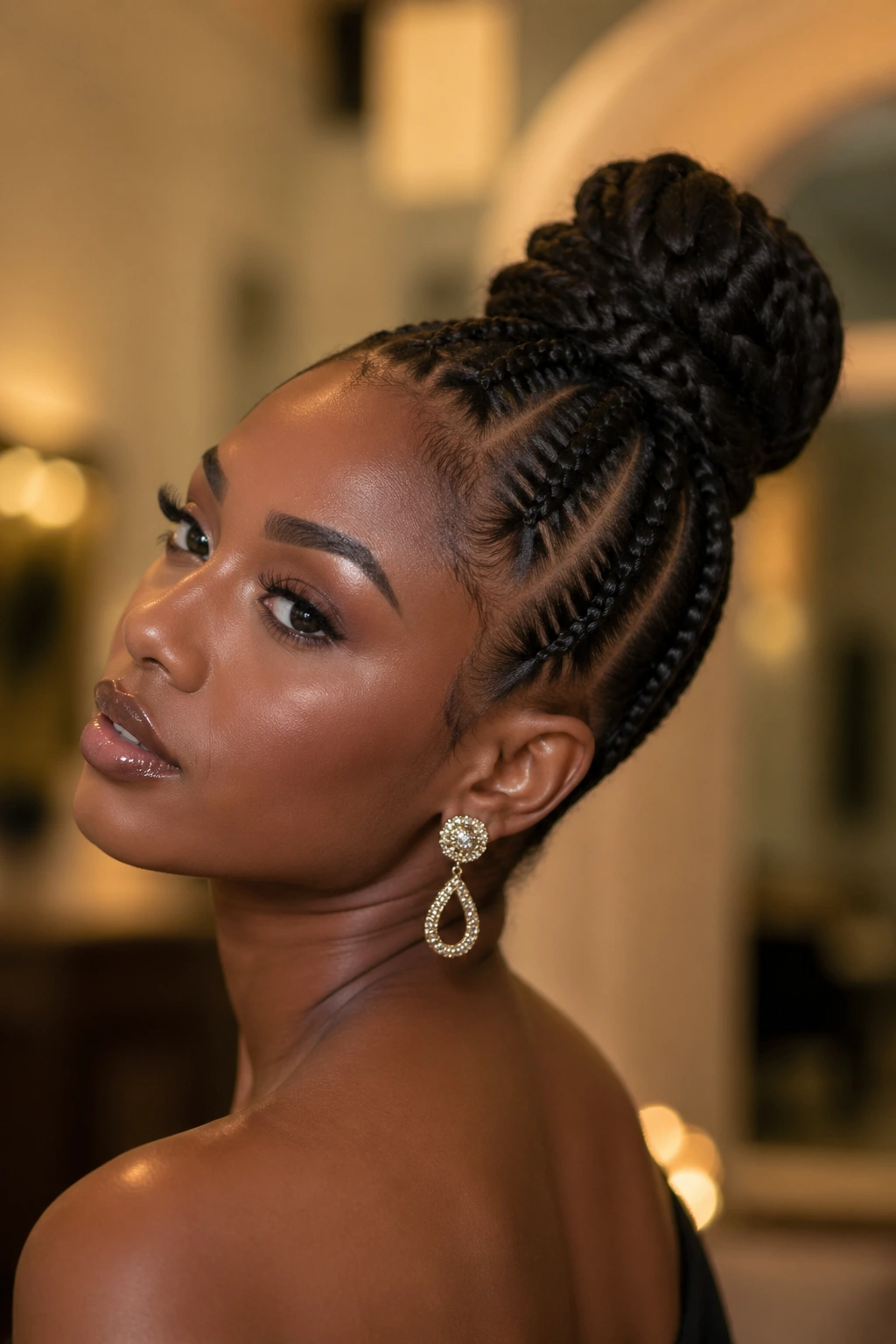 Woman with crown bun formed by five feed-in braids