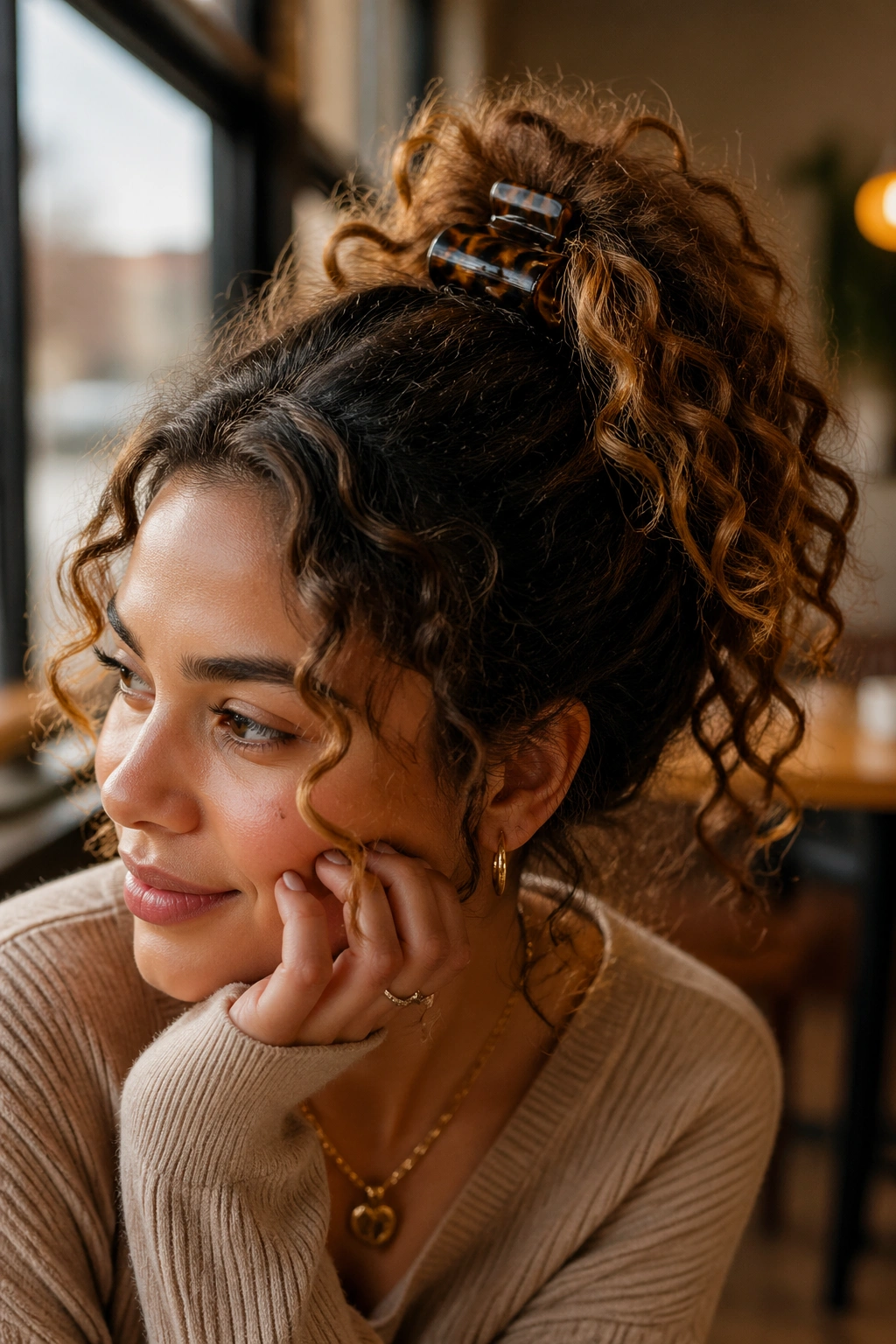 Close-up of a real woman with a crown-clipped messy ponytail