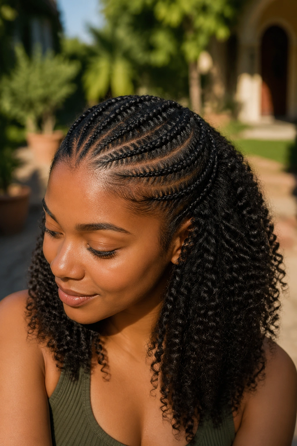 Close-up of crown cornrows with free curls below on a real person