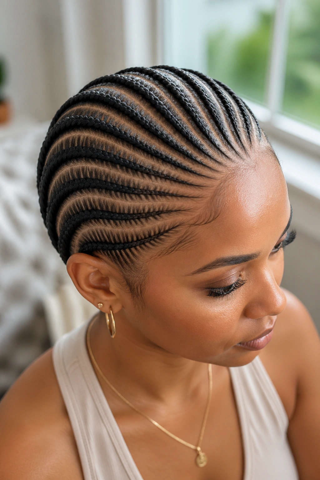 Close-up portrait of real person wearing crown-pattern cornrows