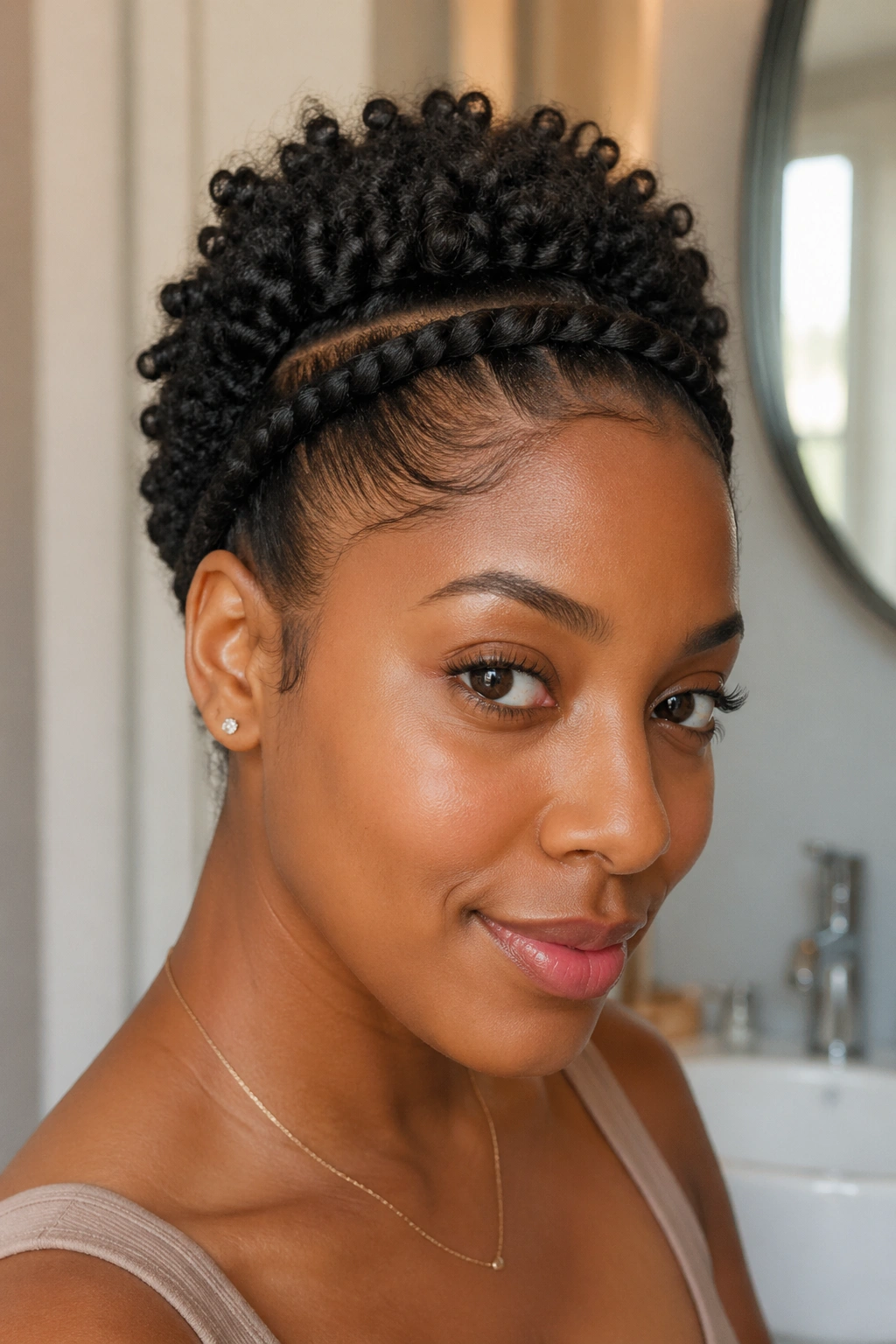 Close-up of a real woman with Crown Flat Twist forming a crown along the hairline