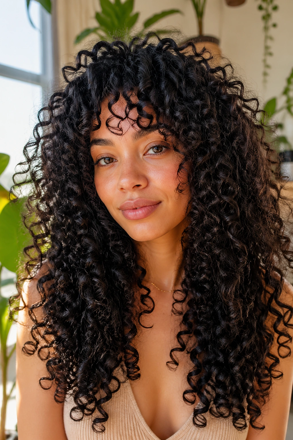 Portrait of real person with crown-heavy layer cut and voluminous crown