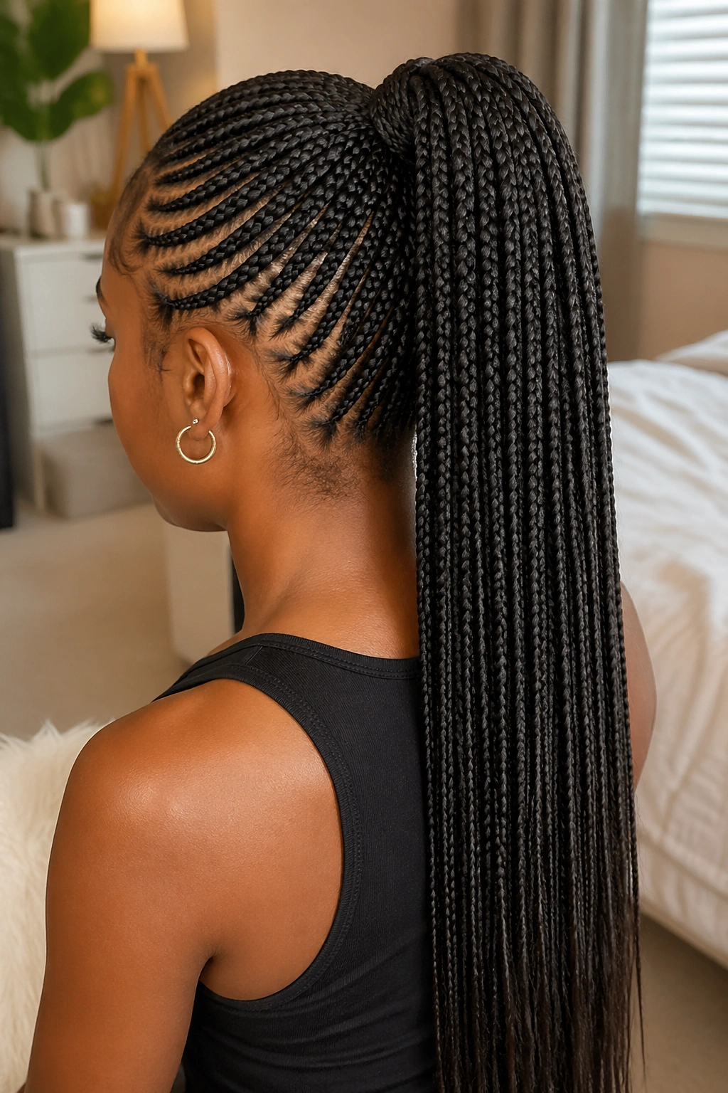 Rear three-quarter portrait of a real person showing a dense high crown pony made of small feed-in braids.