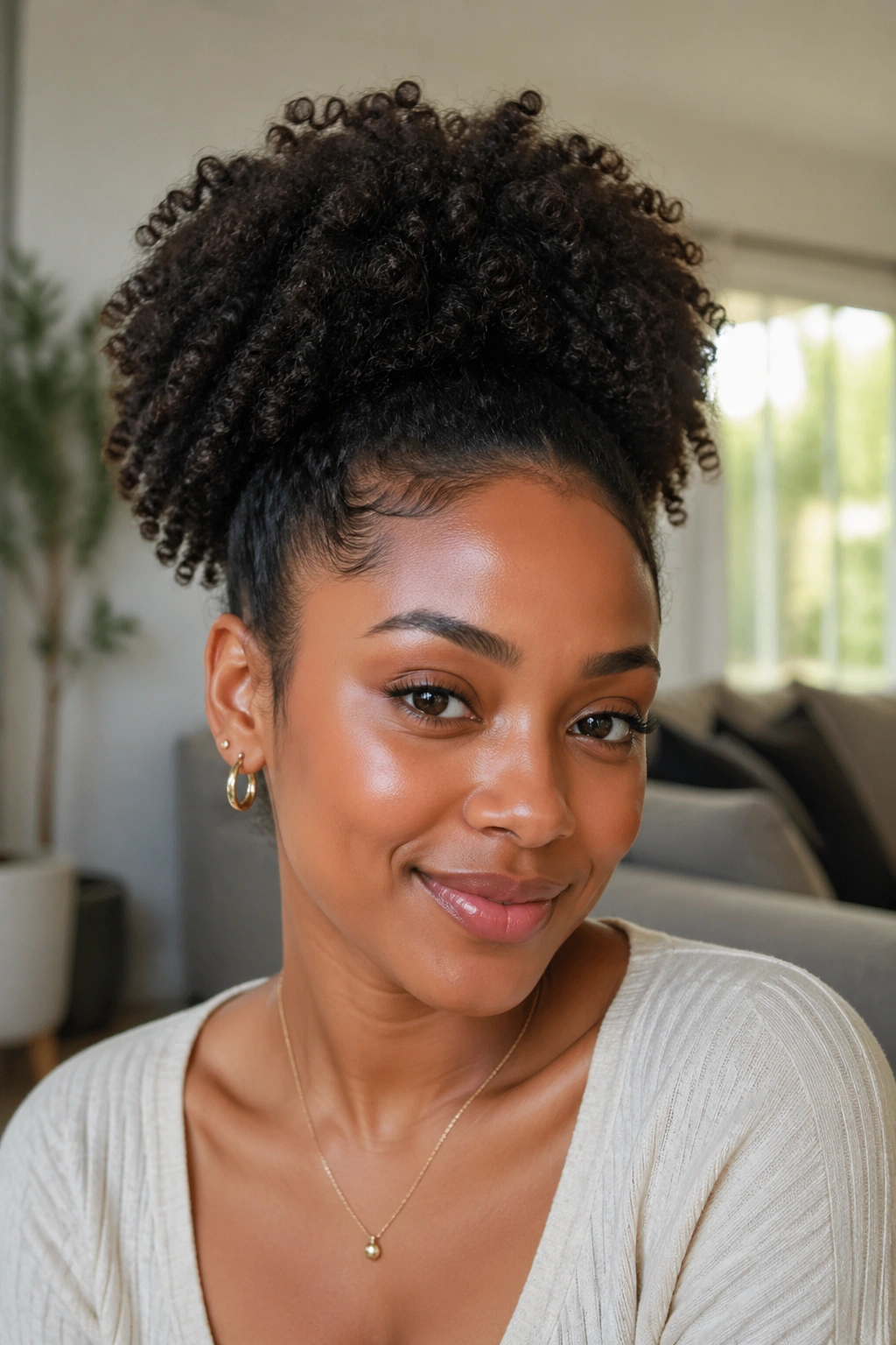 Close-up of a real woman with a full crown puff hairstyle