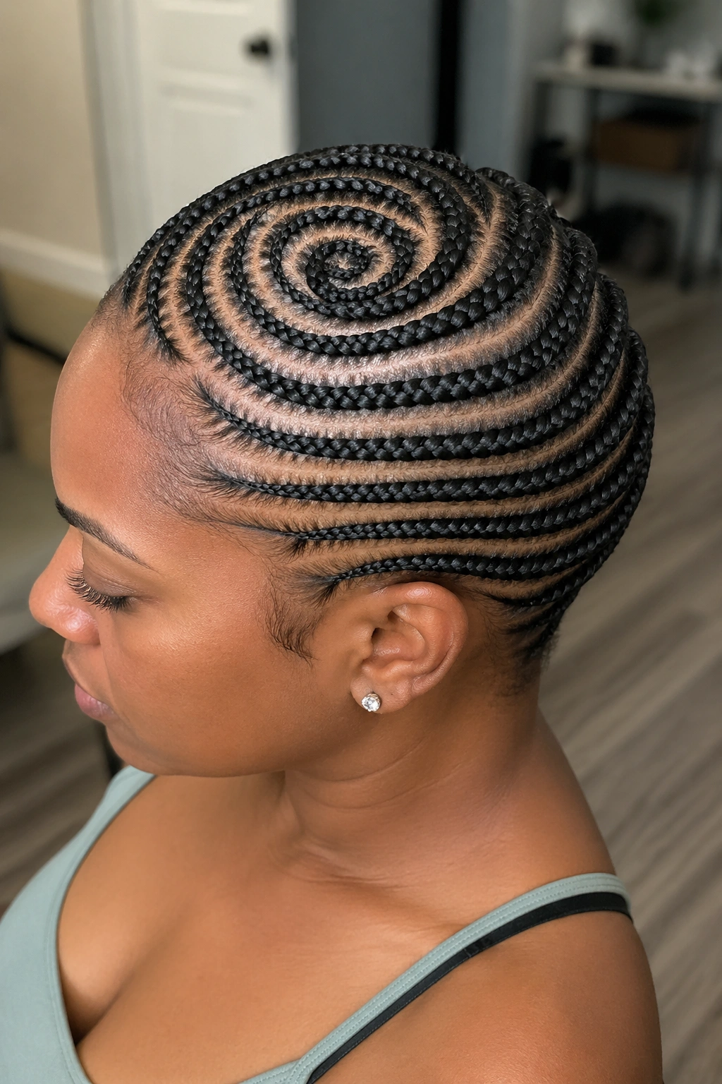 Close-up of real woman with crown swirl and side-swept back braids