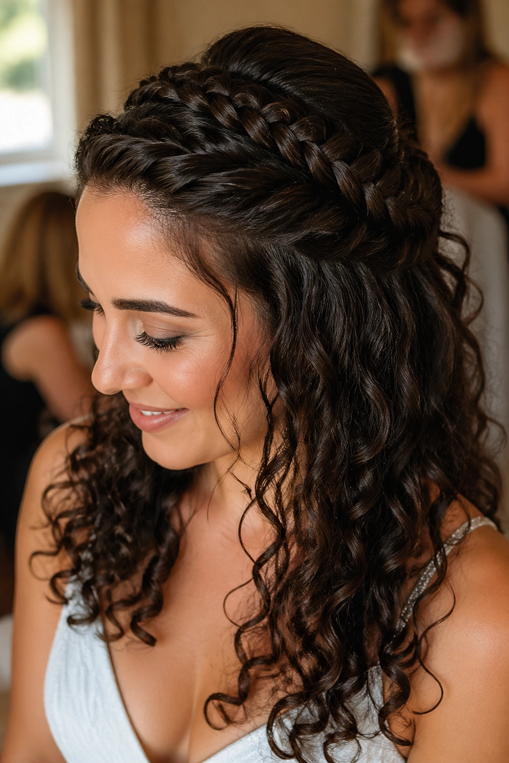 Close-up portrait of Crown Twist and Braid Mix hairstyle on a real woman with a front twist and loose crown braid