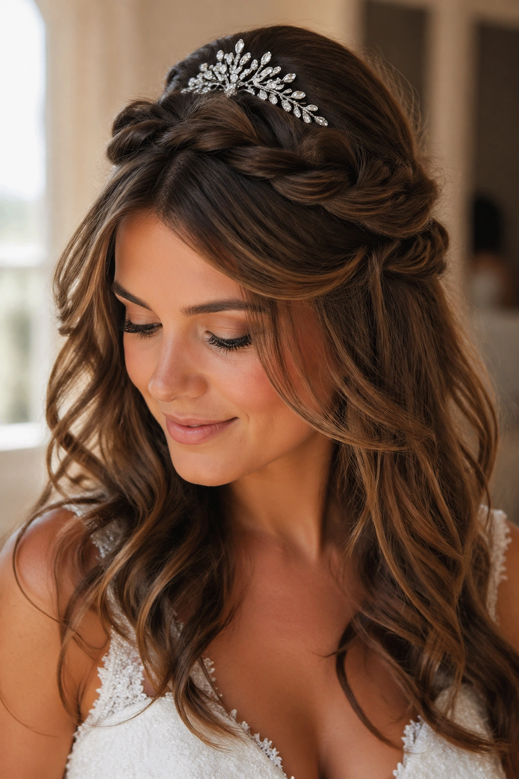Close-up of a bride with crown twist and jeweled comb in hair