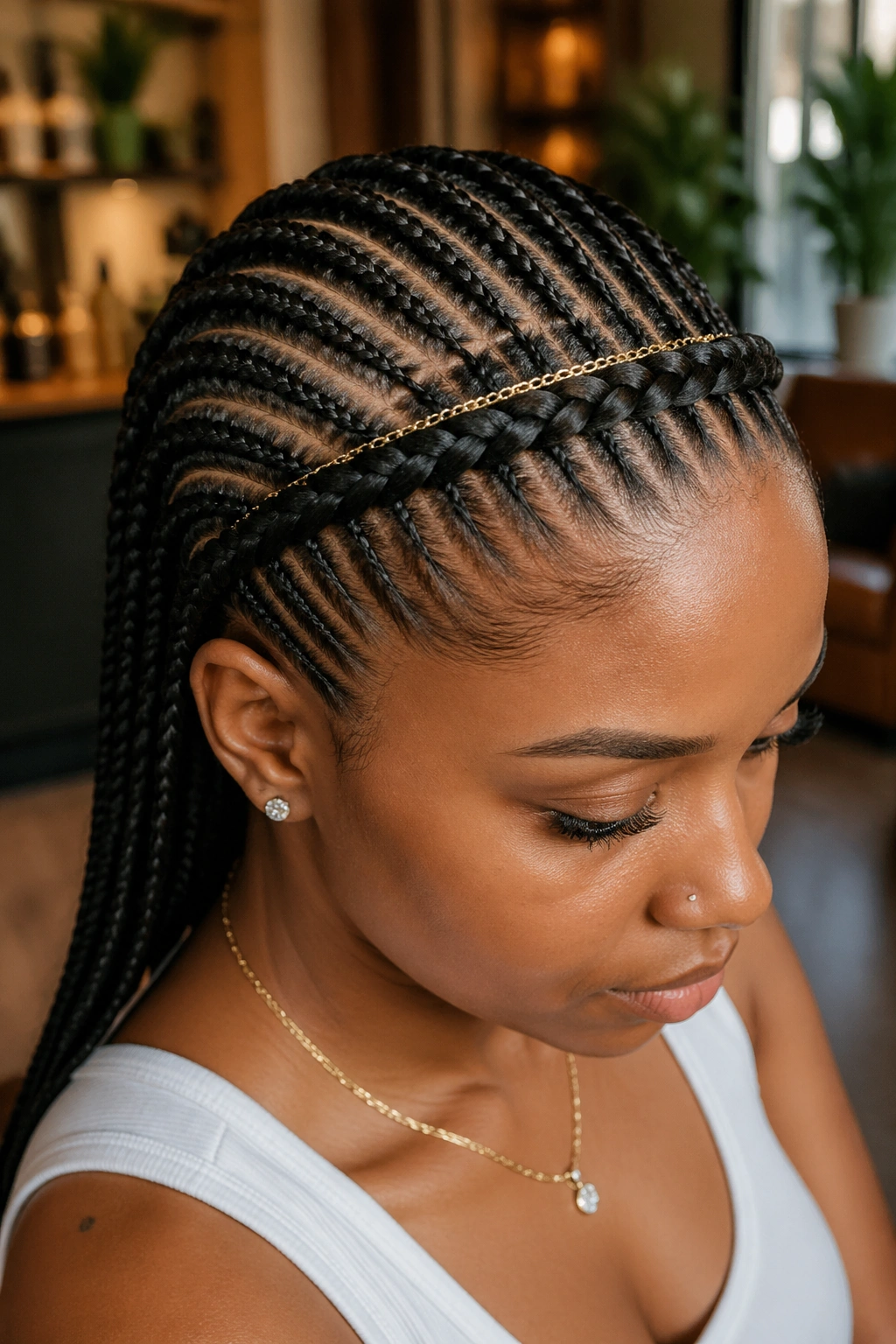 Close-up of a real person with a crown-wrap braid and feed-ins.