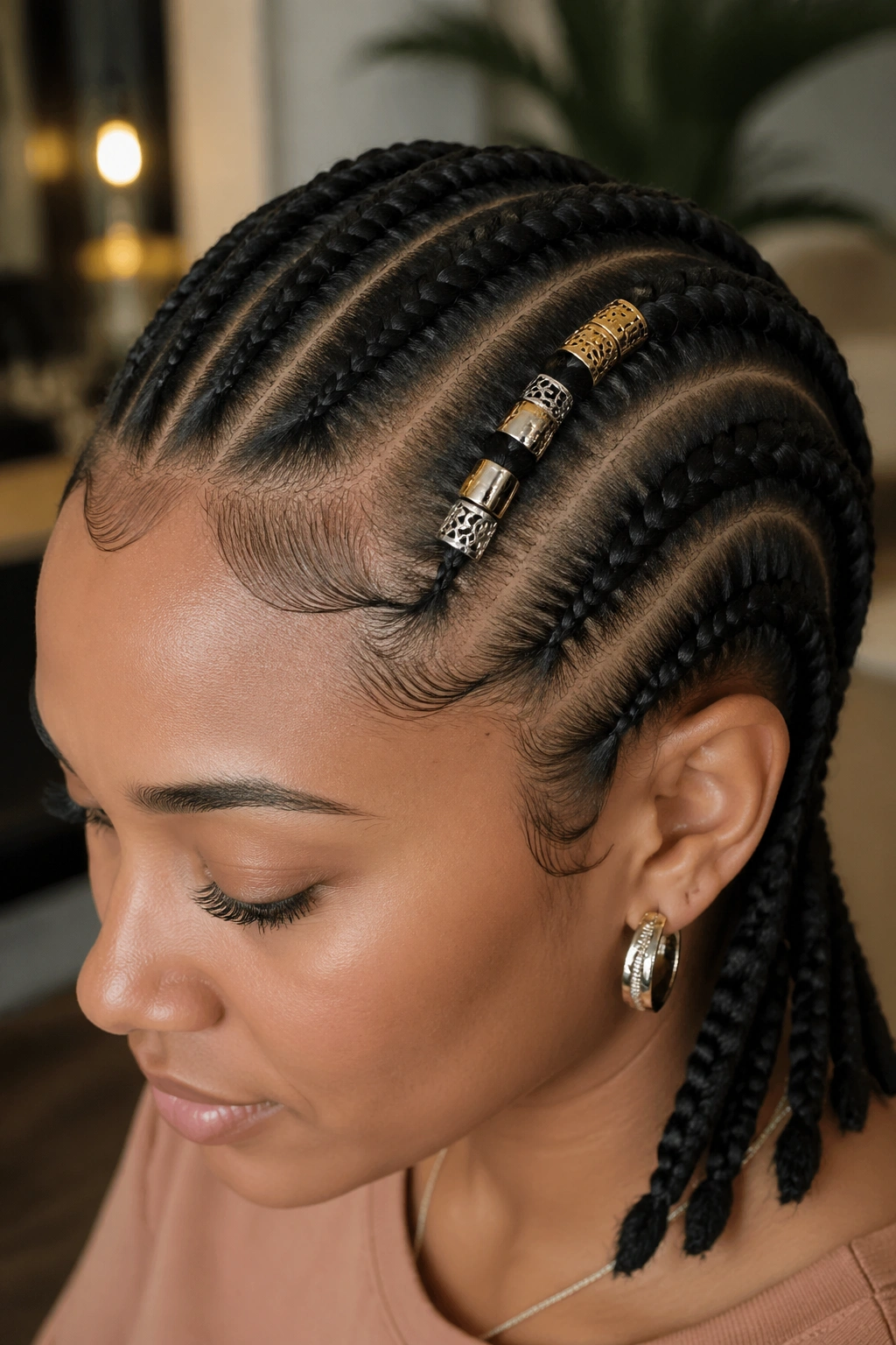 Cornrows with a decorative hair cuff cluster on one braid