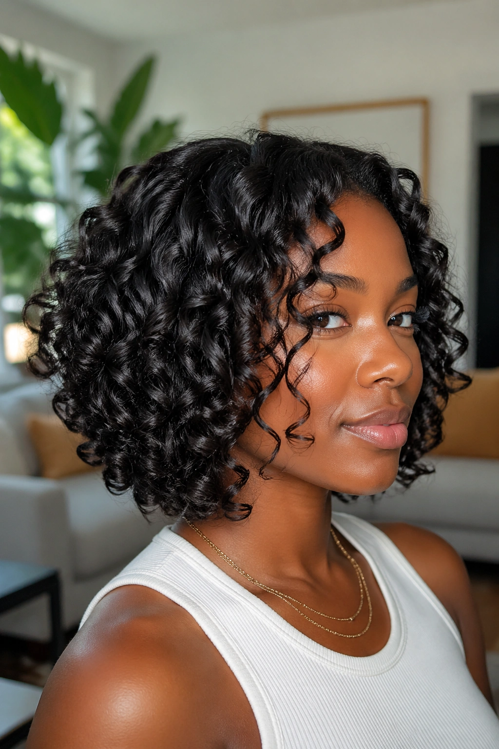 Portrait of a real woman with a curl-defined bob and defined curls.