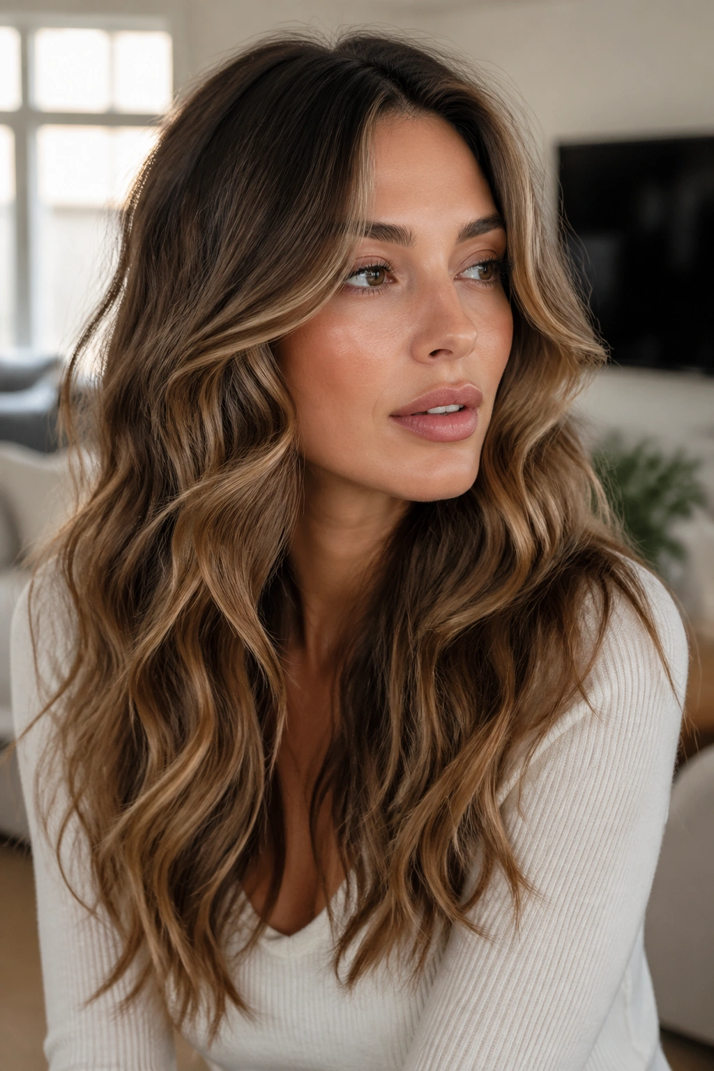 Close-up of a woman with curls brushed into soft waves, front pieces away from face