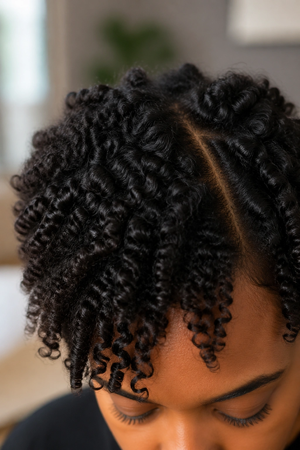 Close-up of defined curl pattern on a real person's hair.
