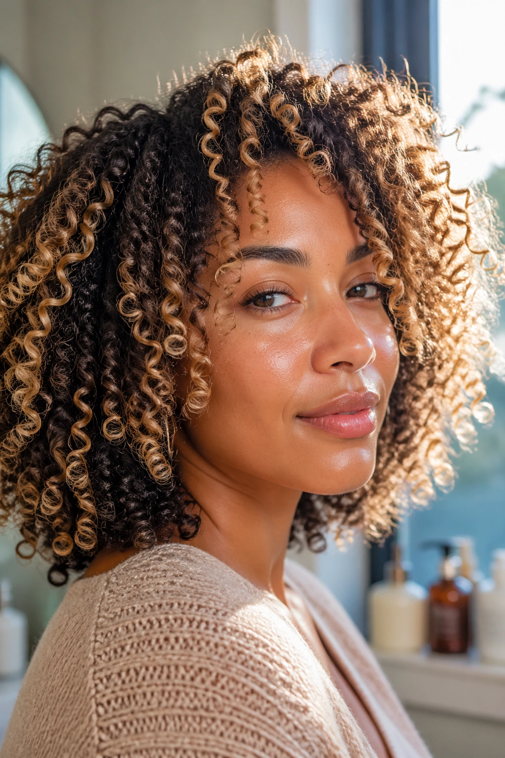 Close-up of a woman's moisturized curls with defined pattern during highlighting