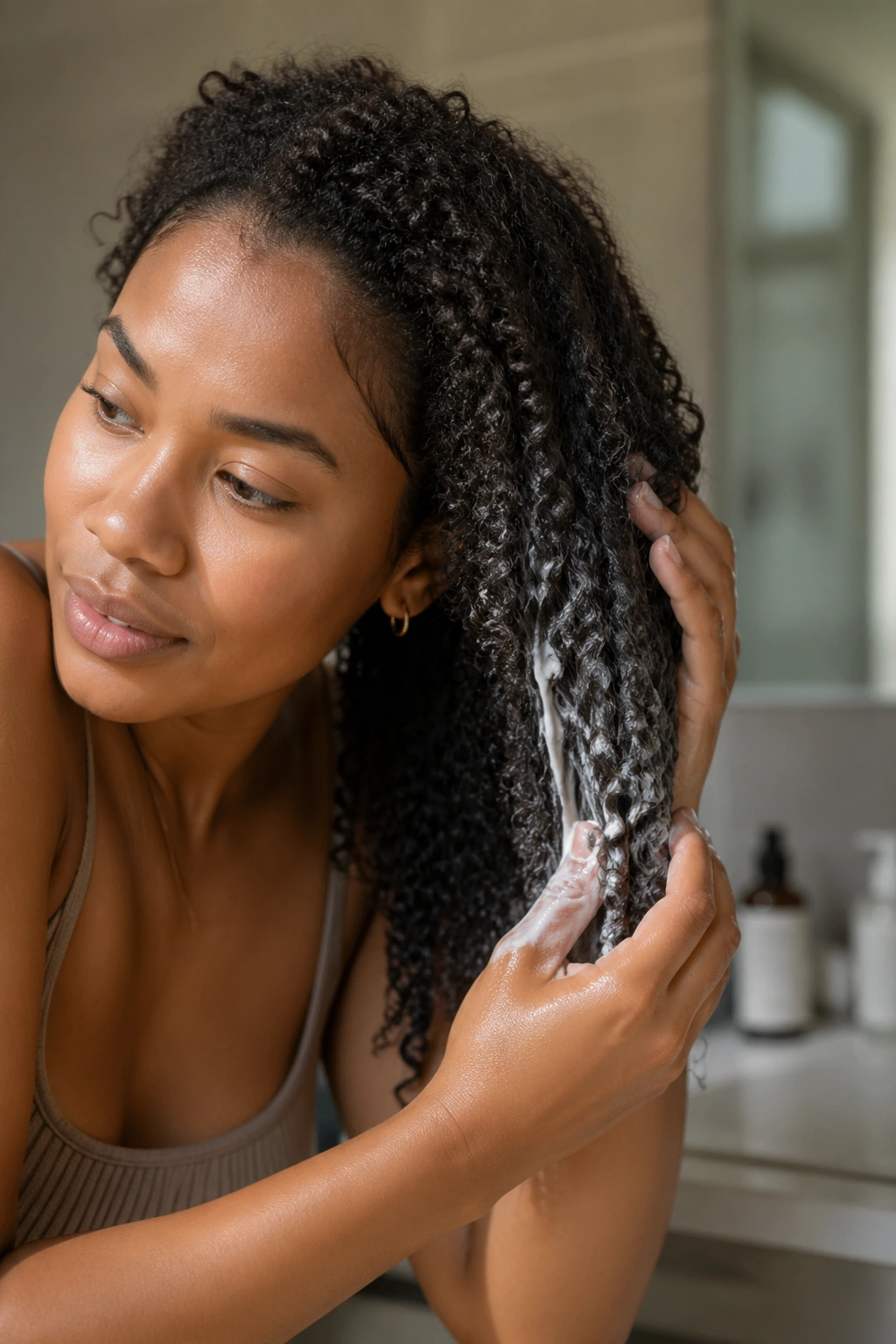 Close-up of hands applying leave-in conditioner to damp curls in a bright bathroom