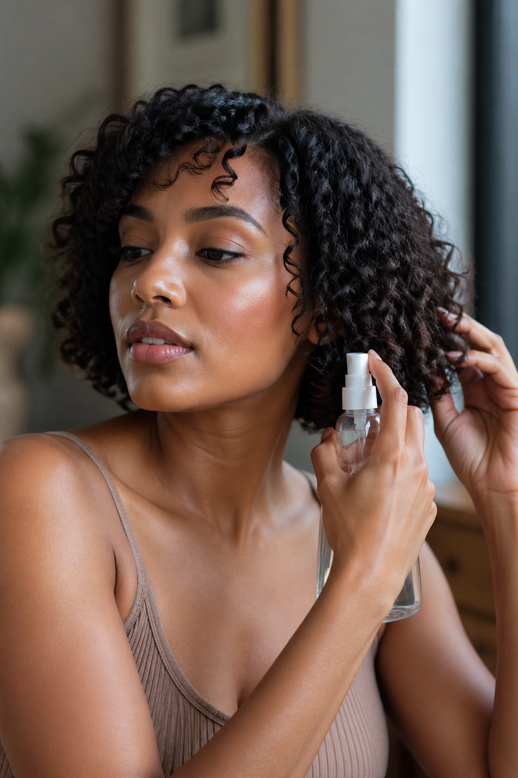 Close-up of a real woman with a curly bob applying lightweight styling product.