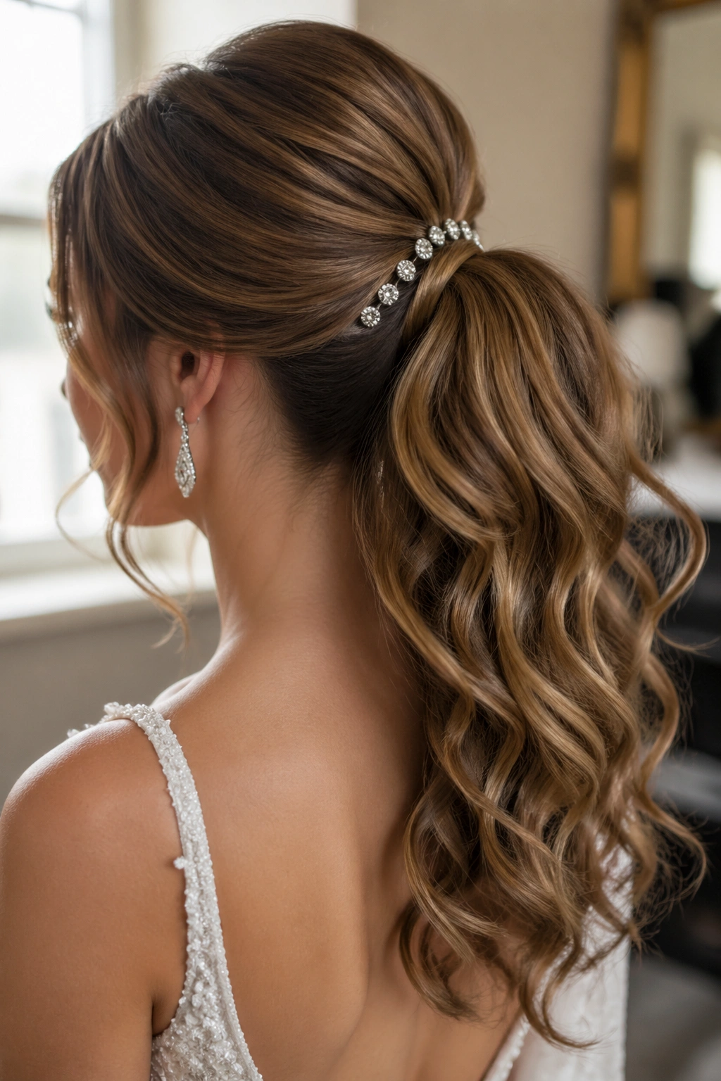 Close-up of a real bride's curled ponytail with crystal pins at the base in a bridal dressing room.