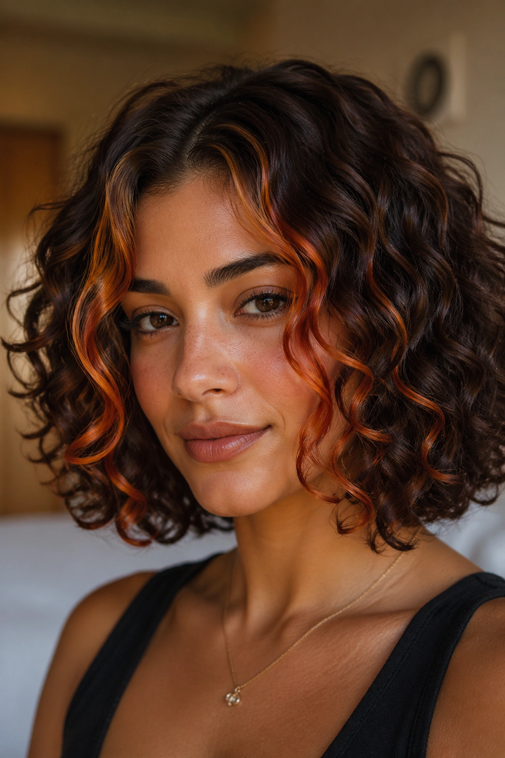 Close-up of copper face-framing pieces in a curly bob on a real woman