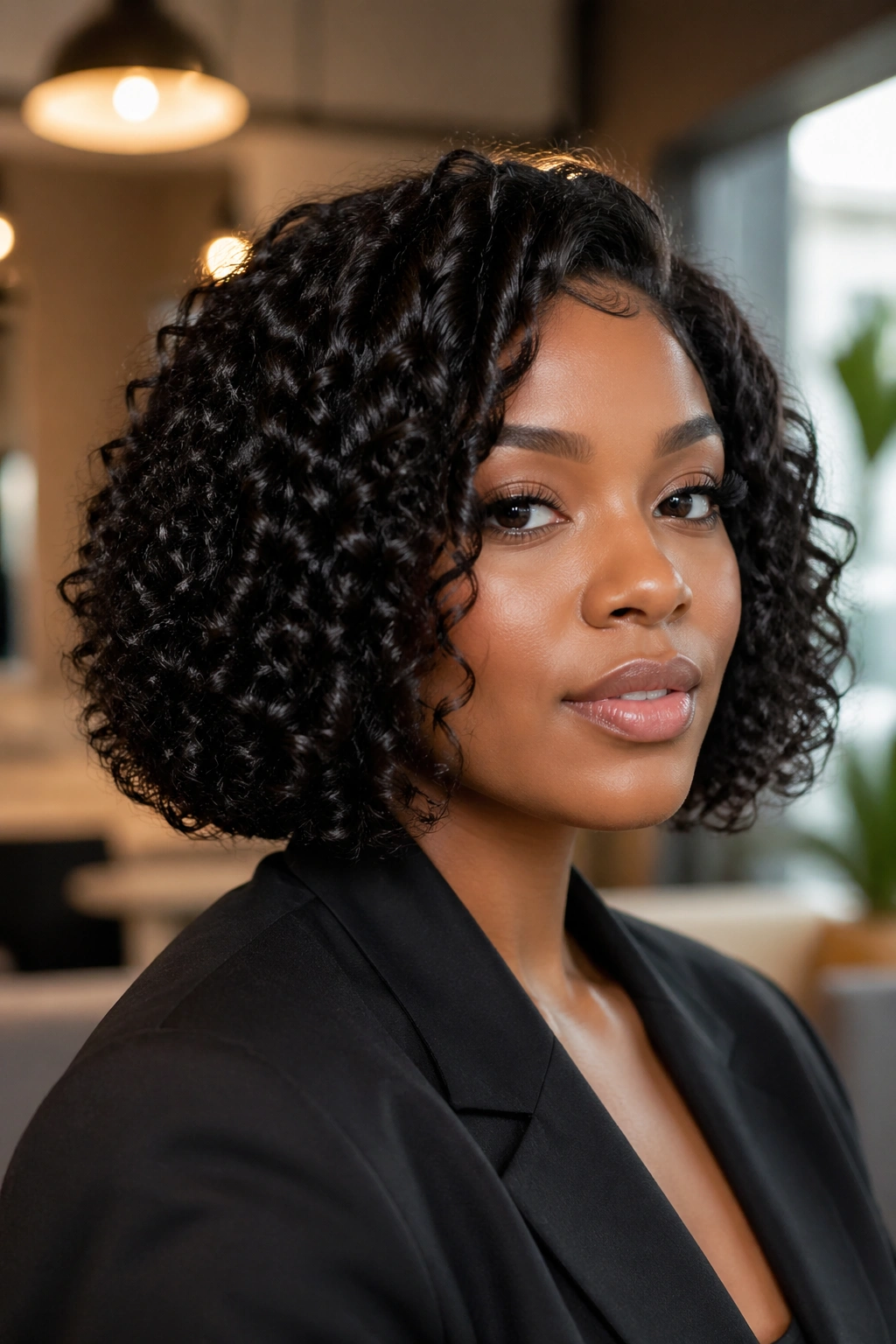 Real person with curly bob under soft indoor lighting in a modern setting.