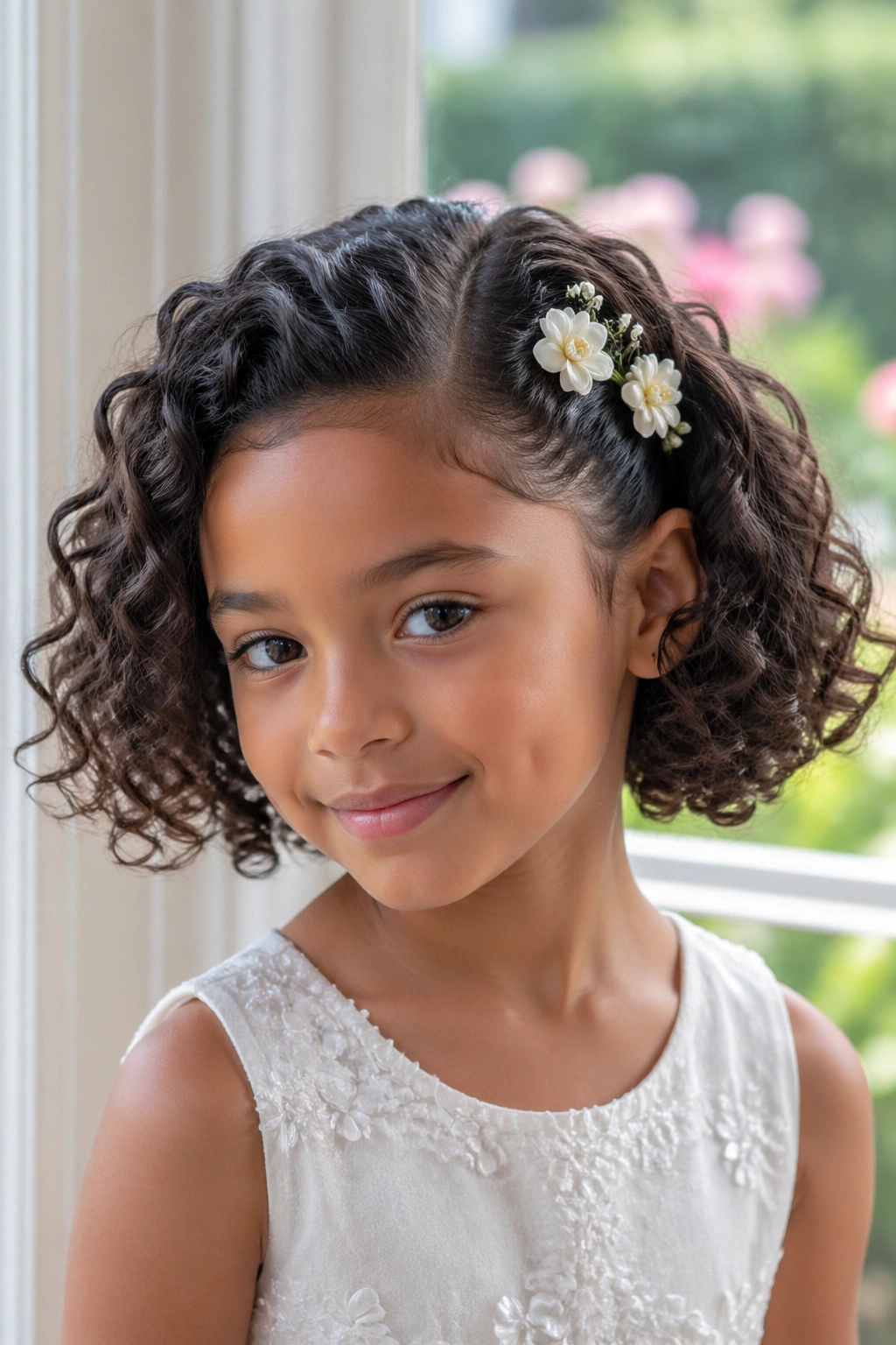 Close-up of a real girl with a curly bob and floral clips