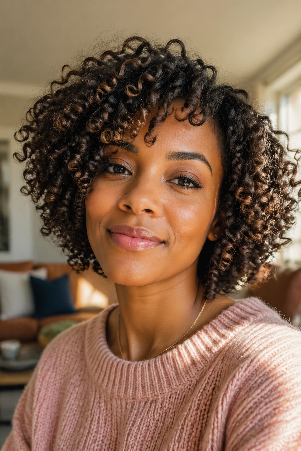 Close-up of a real woman with a curly bob showing natural lift and volume.