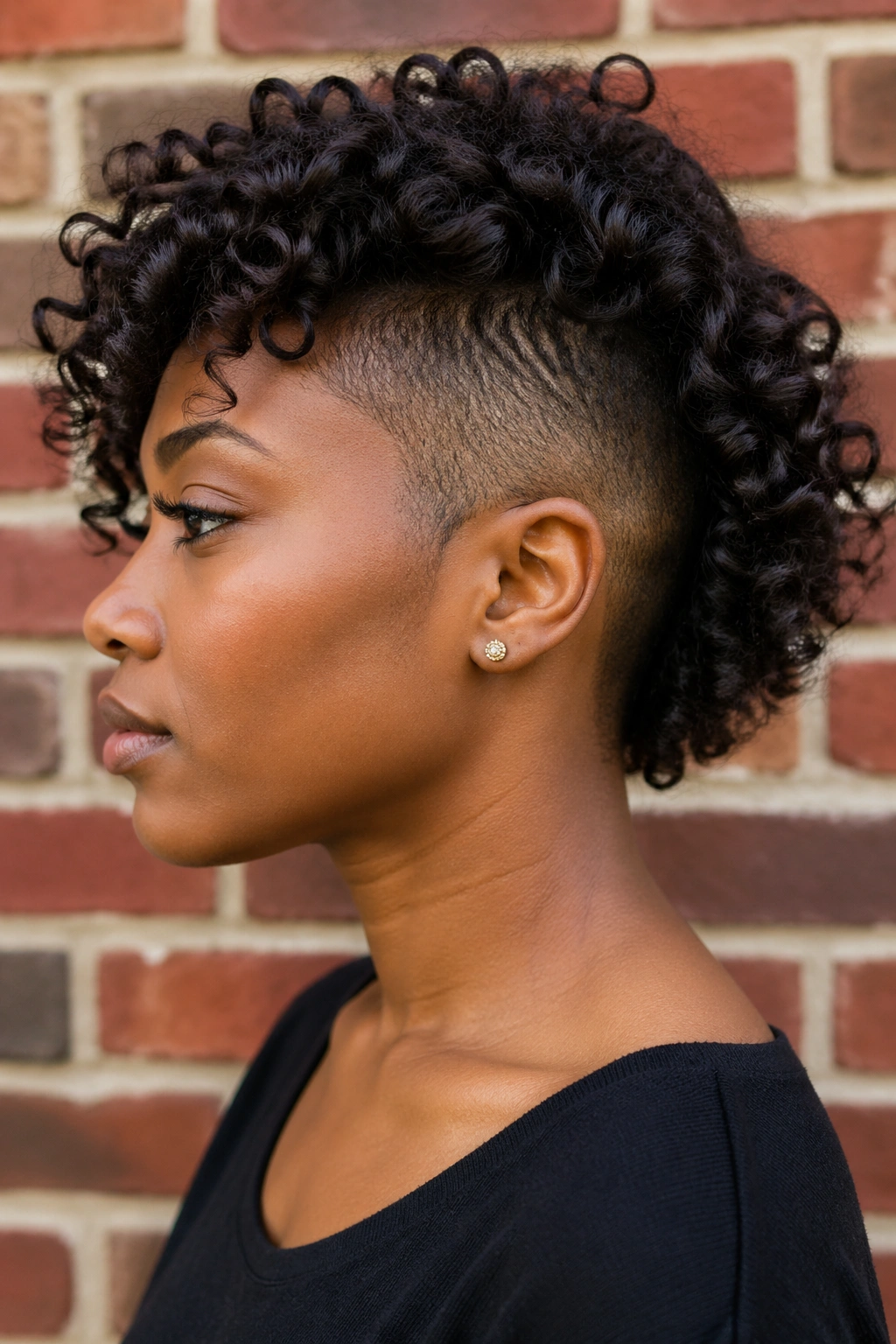 Portrait of a real woman with curly bob and shaved sides against brick wall