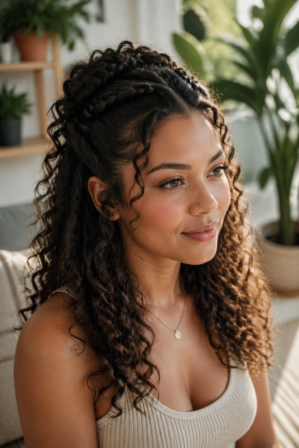 Close-up of a real woman with a curly half-up braid and natural textured curls.