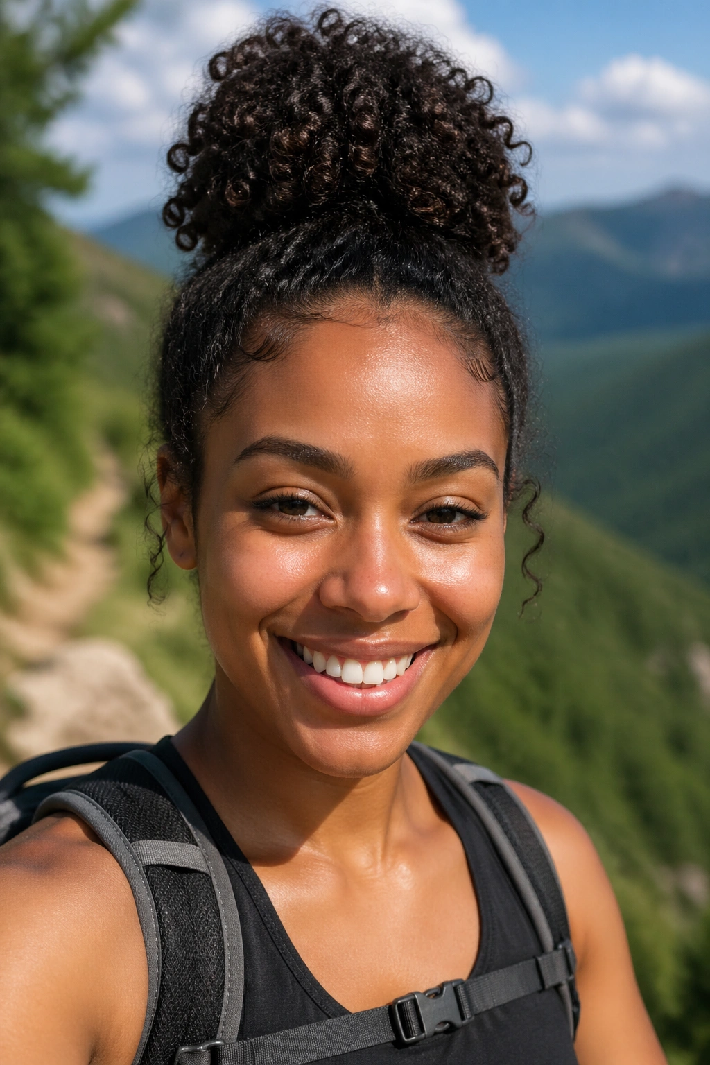 Close-up portrait of a real person with a curly bun outdoors
