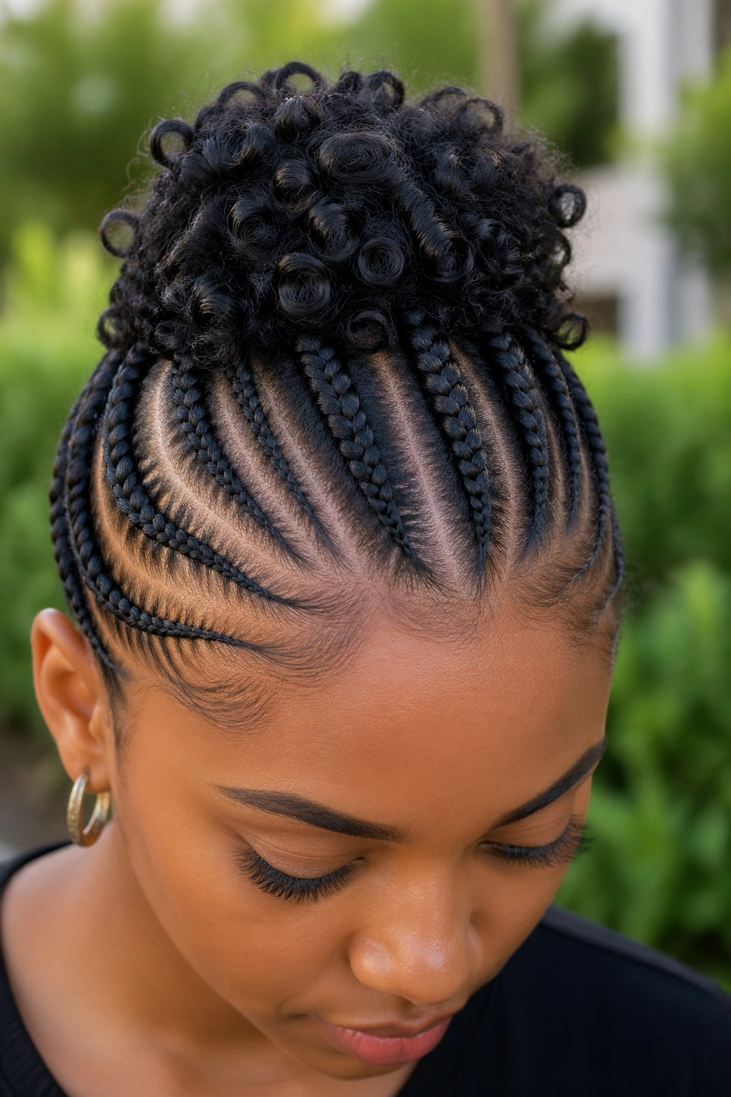 Portrait of a person with curly crown and cornrowed sides.