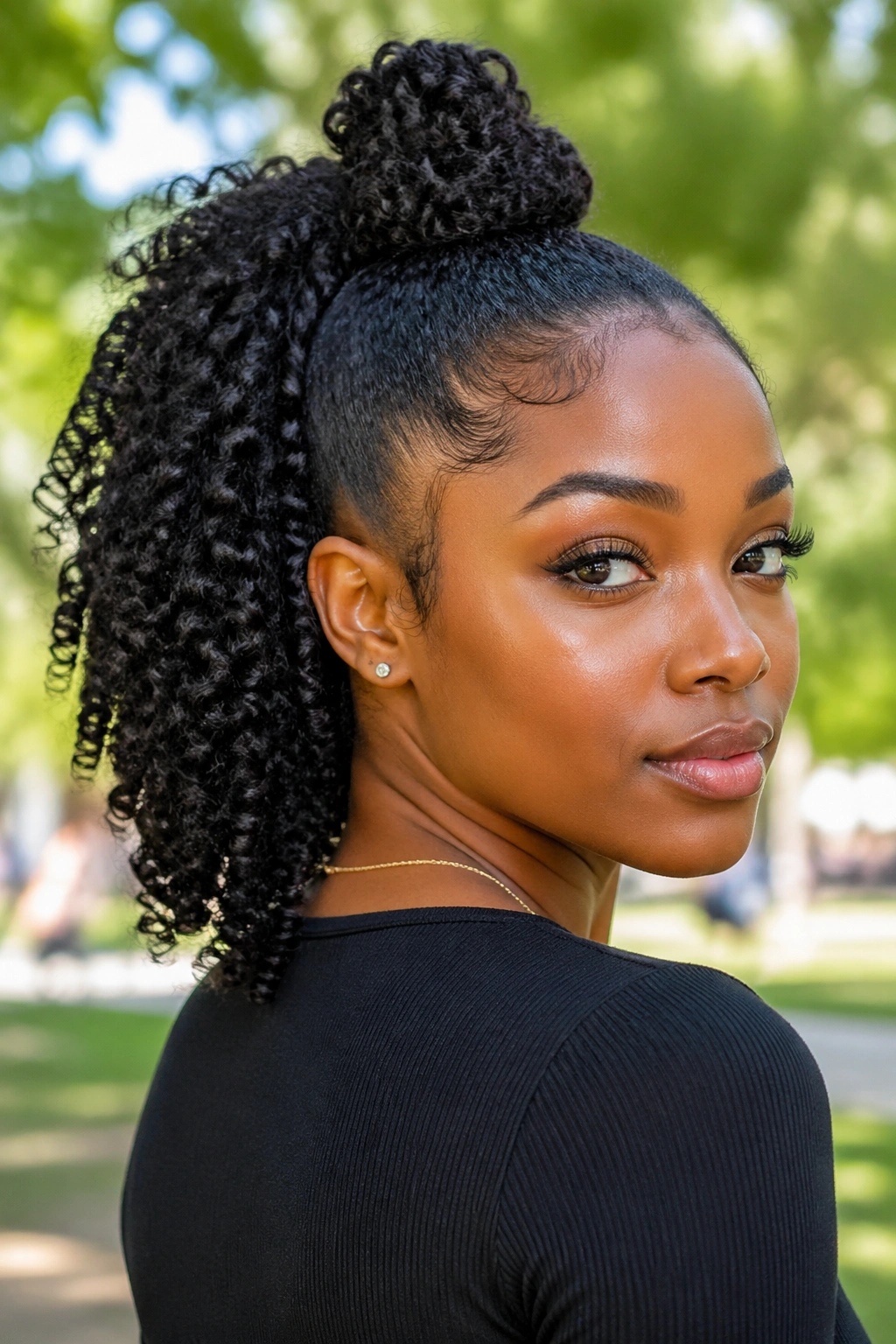 Close-up of a real Black woman with a curly drawstring ponytail under a bun in a park