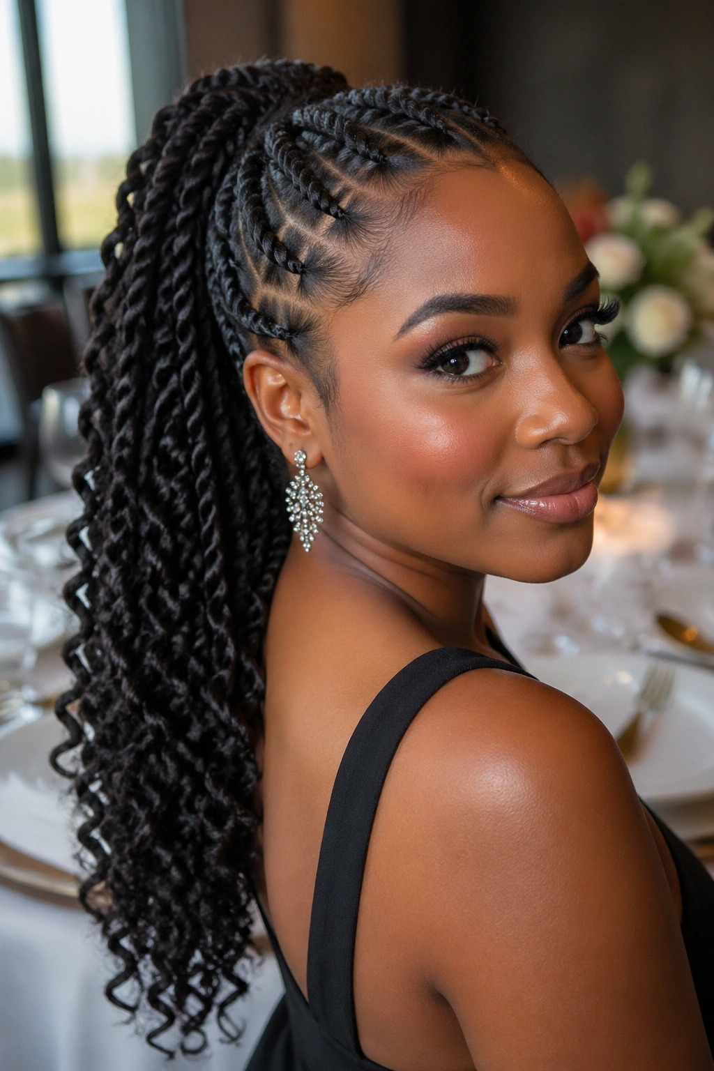 Close-up of a real woman with curly-ended twist ponytail