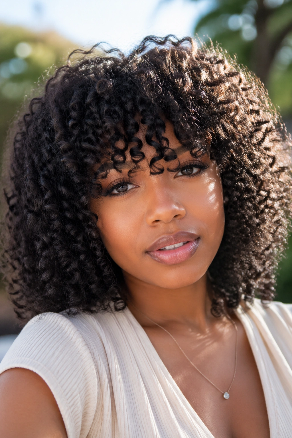 Close-up of real person wearing a curly fringe wig with bangs