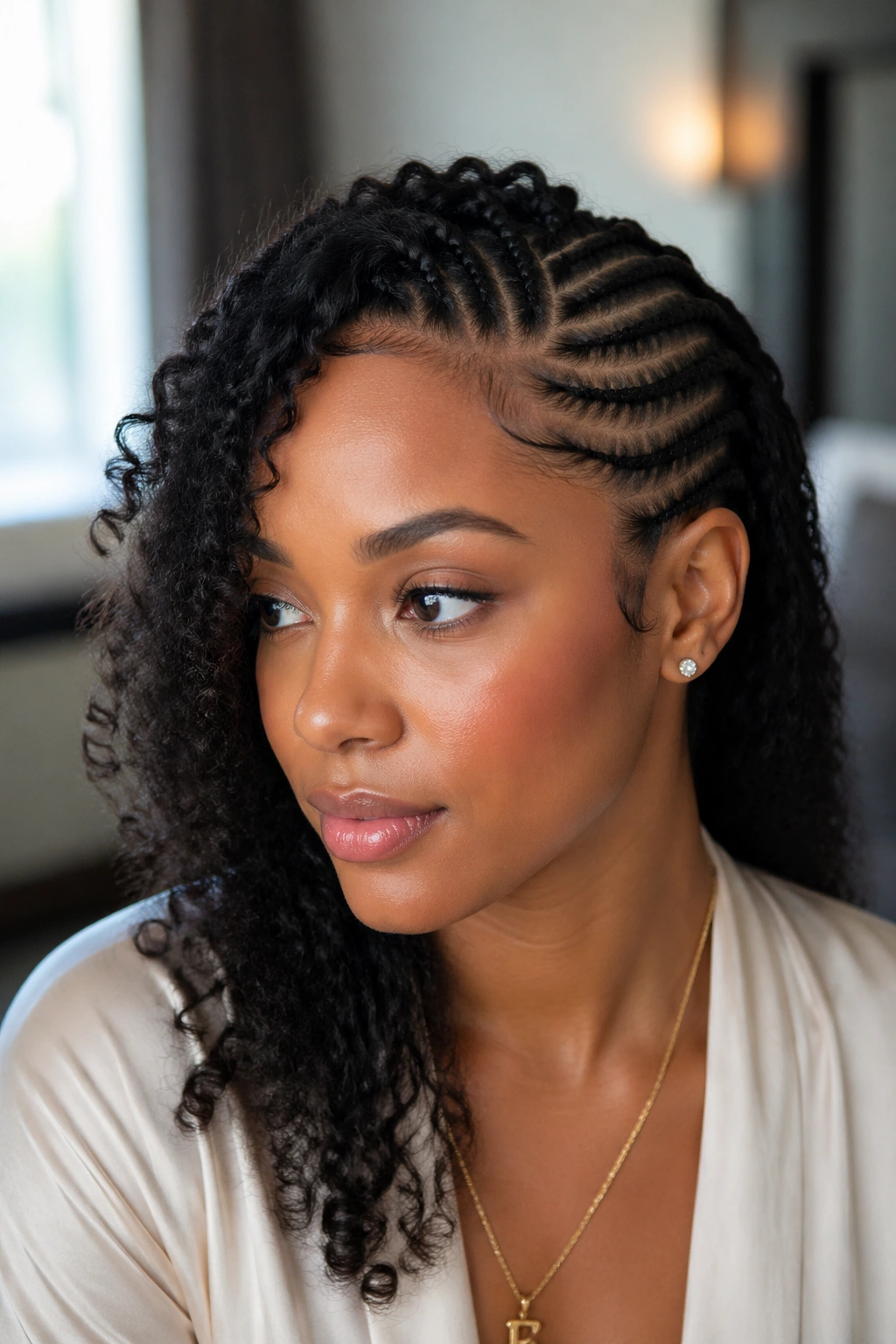 Real woman with curly front left out feed-in cornrows