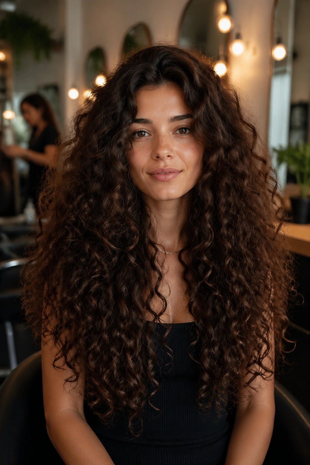 Portrait of a woman with long curly hair showing volume and layered shape in a salon.