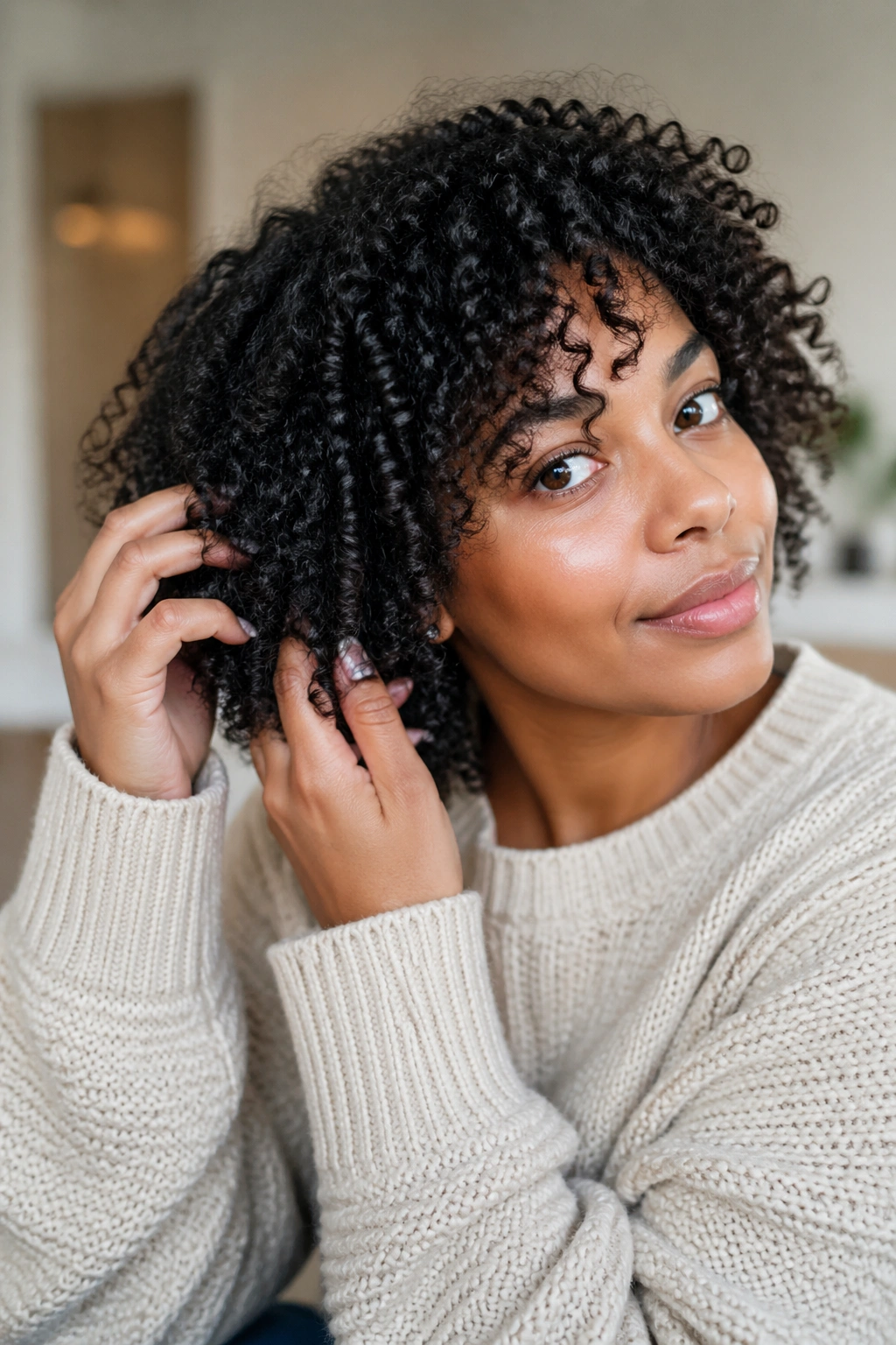 Close-up of a real woman with a curly bob, showing maintenance routine.
