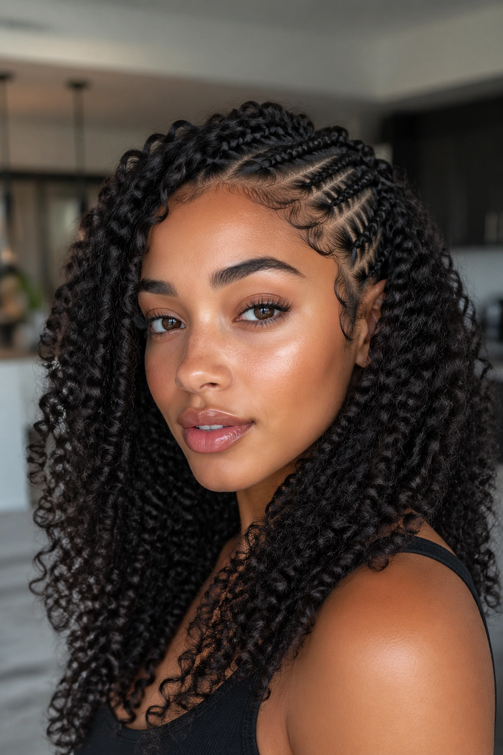 Portrait of a real woman with defined 4A curls and extensions