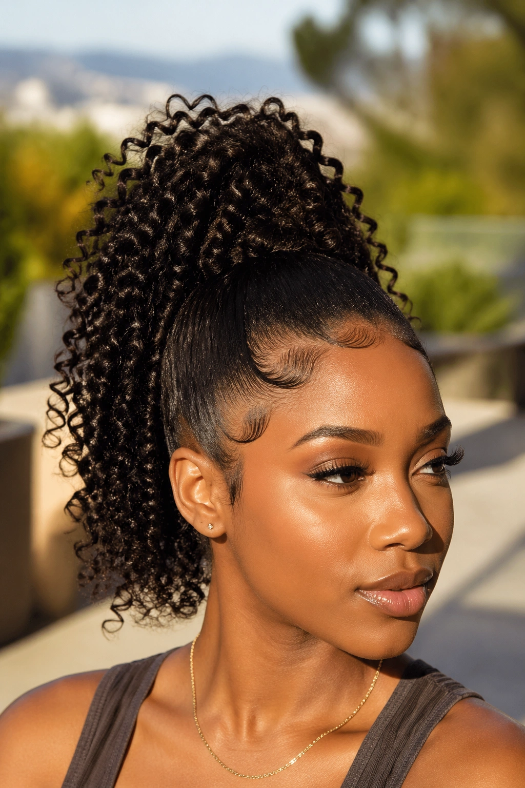 Close-up of real Black woman with curly high ponytail and defined curls