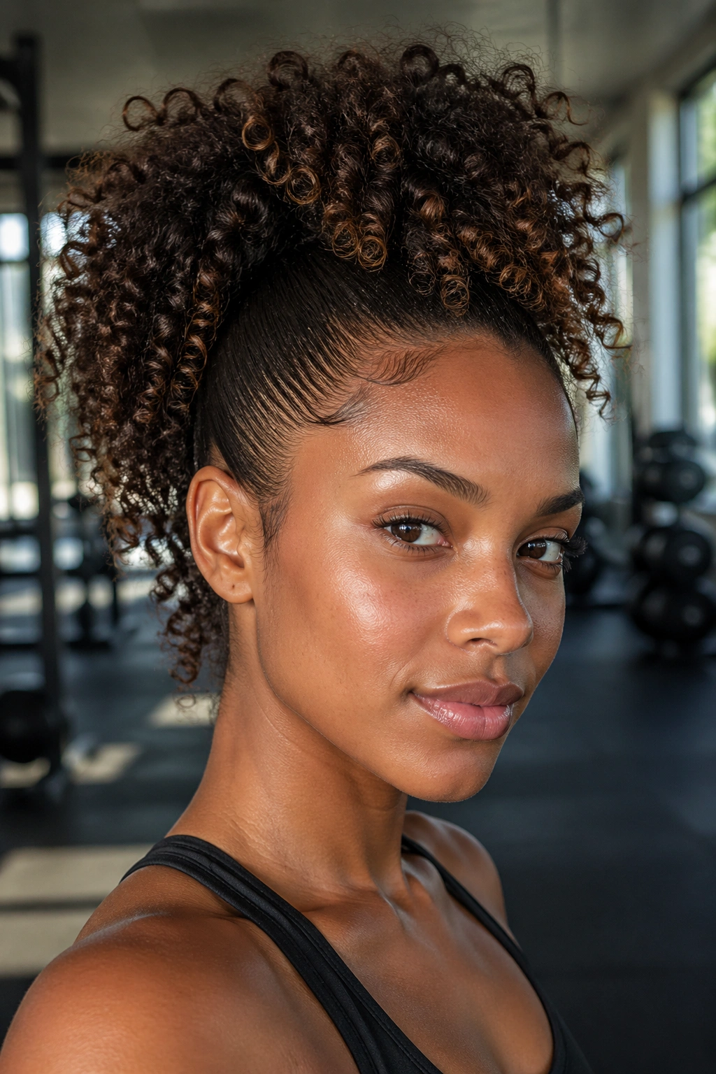Close-up of a real woman with a high curly mohawk ponytail secured by a claw clip in a gym setting