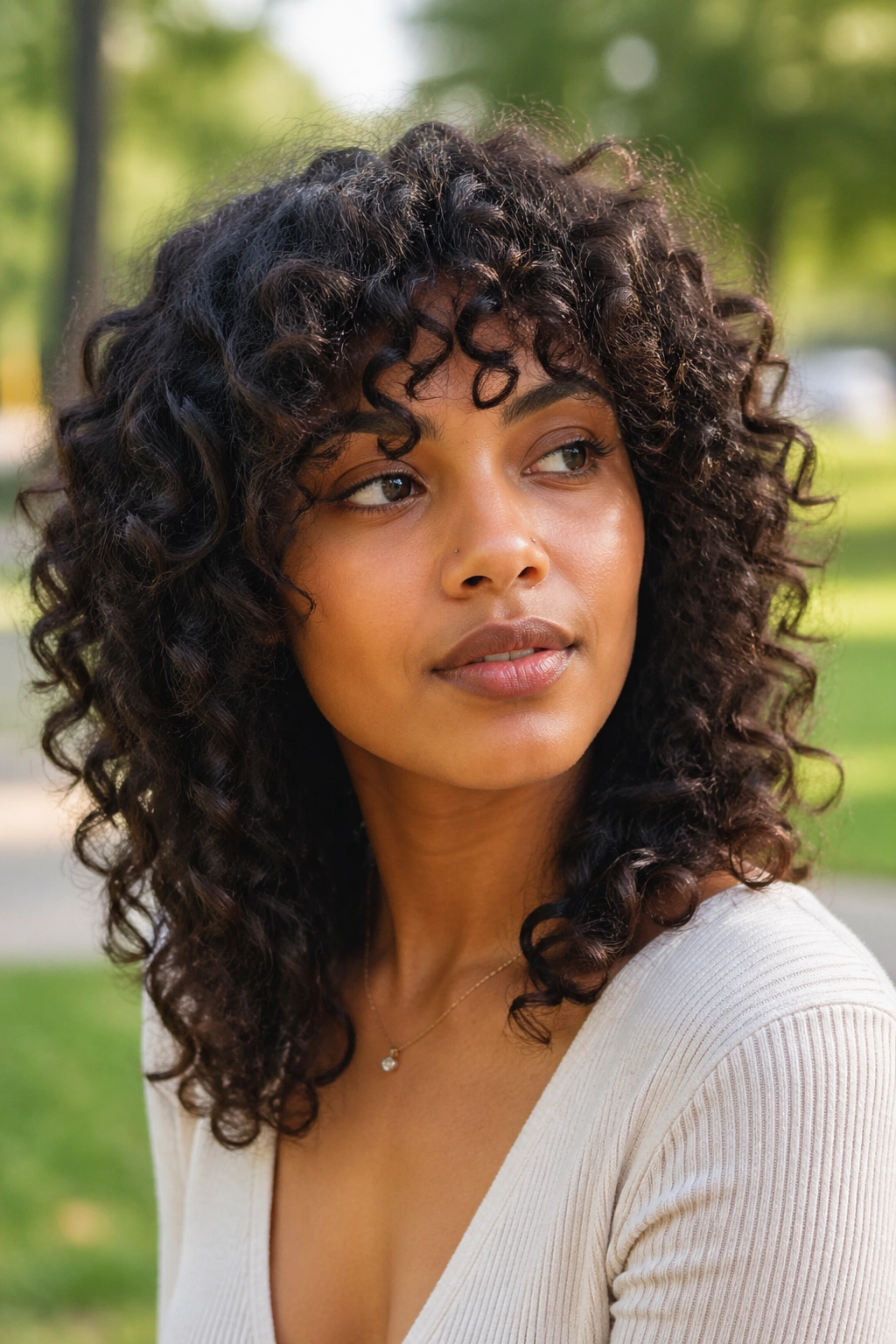 Medium close-up of a woman with layered natural curly shag