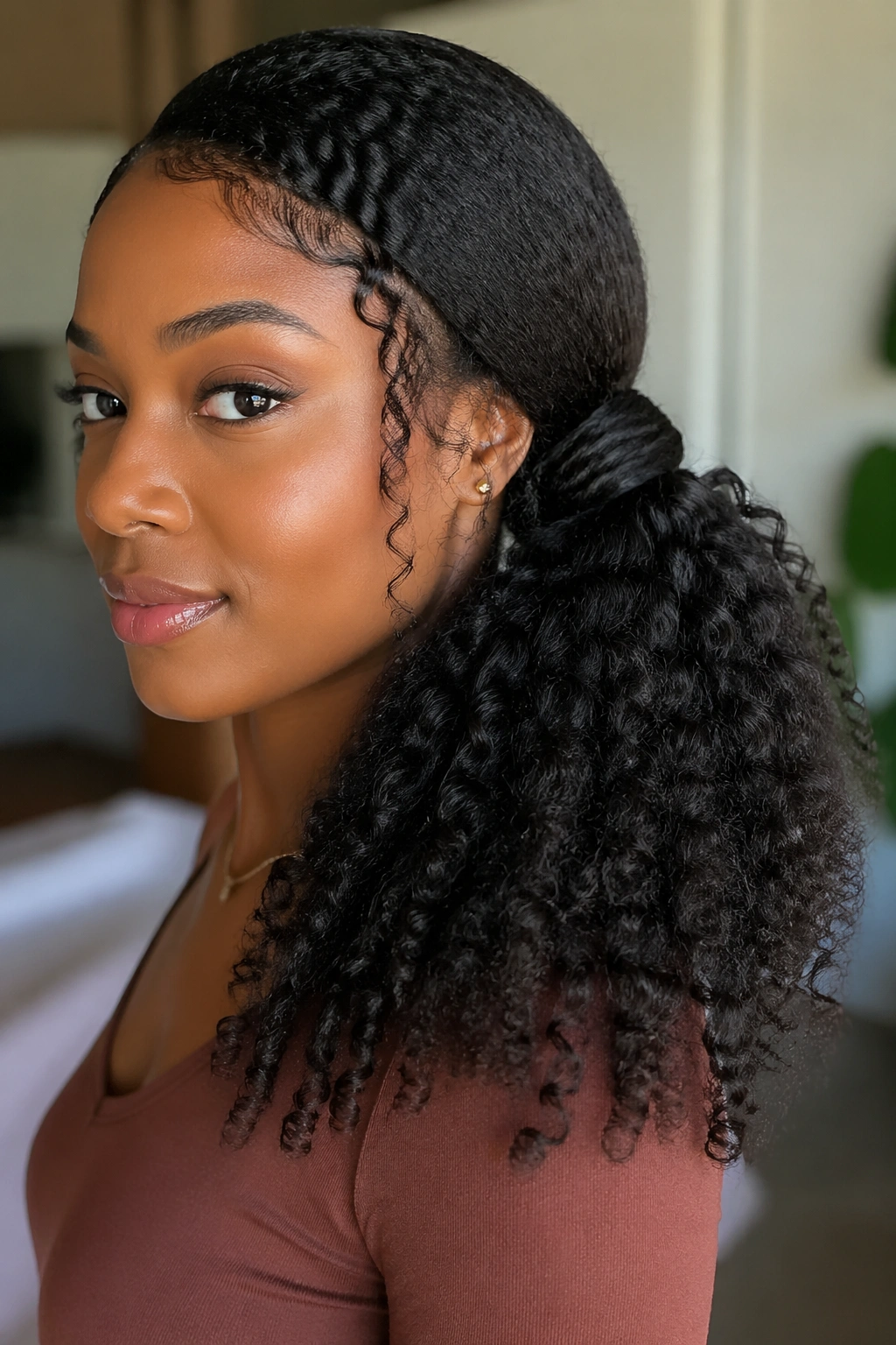 Close-up of a real woman with a curly side ponytail wrapped at the base
